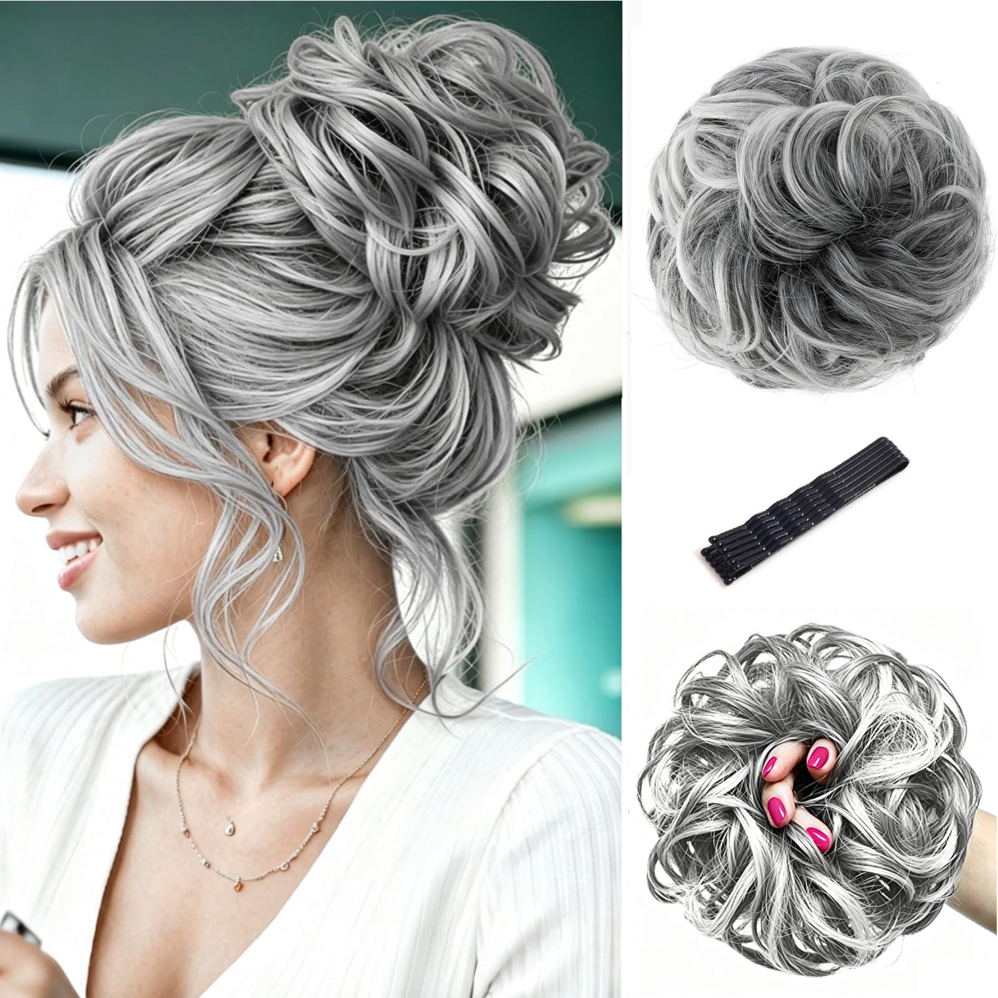 MEEZY Grey White Large Messy Bun Piece Hair Scrunchies for Women, 1.94 Oz Thick Wavy Curly Elastic Hair Bun Ponytail Extensions Synthetic Wigs Hairpieces with Pins for Updo Wedding Cosplay Costume