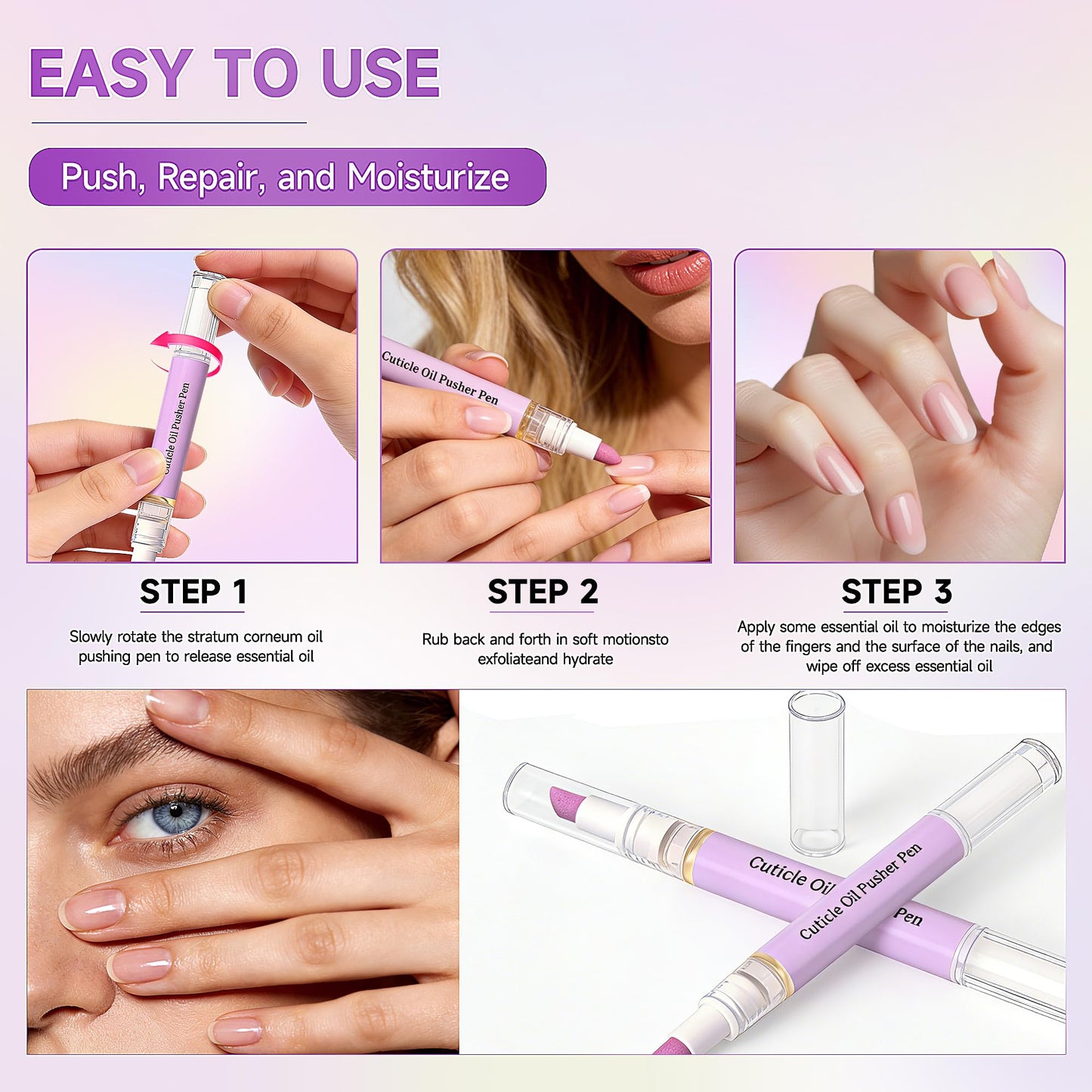2 Pcs 2-in-1 Cuticle Oil Pusher Pen - 2026 New Ceramic Cuticle Pen, No Leak Travel Size Cuticle Pen With Oil, Gentle Hydrating Keratin Smoothing Tool For Matte Dry Nails