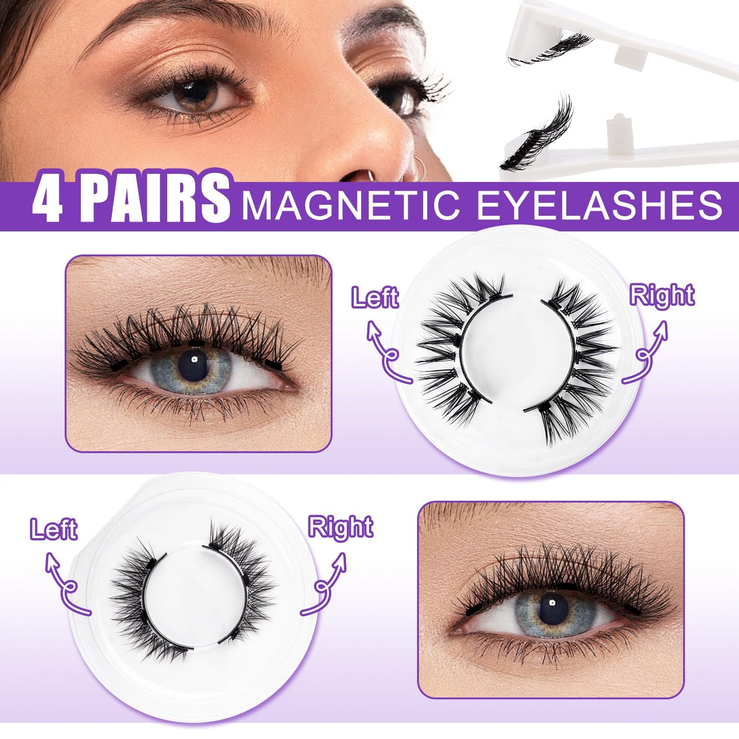 4 Pairs Magnetic Eyelashes Natural Look Kit False Eyelashes No Glue Needed - Reusable False Eyelashes Soft Magnetic Eyelashes Easy to Wear and Remove Use at Home（Four pairs-Y1+Y3）