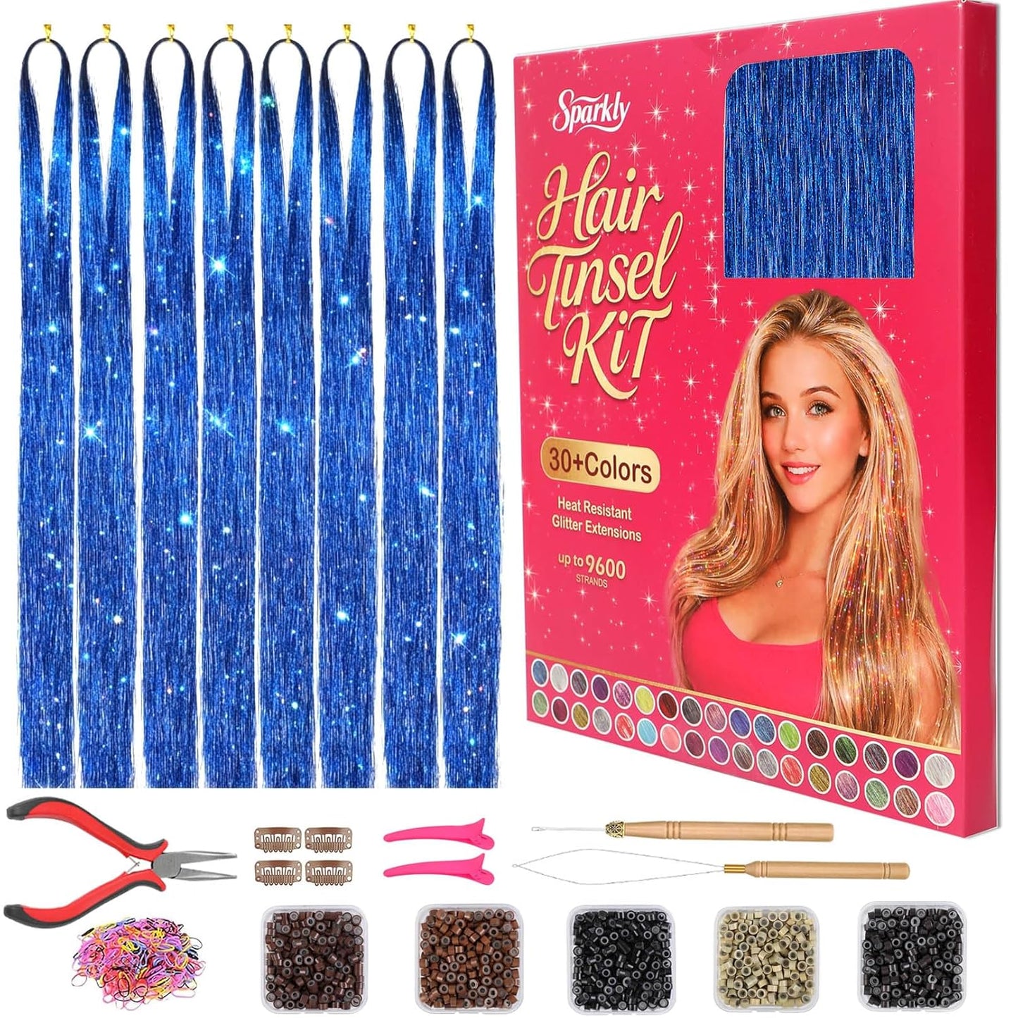 Hair Tinsel Kit - 3200+ Royal Blue Holographic Strands | 48" Heat Resistant Fairy Hair Extensions for Festivals & Parties