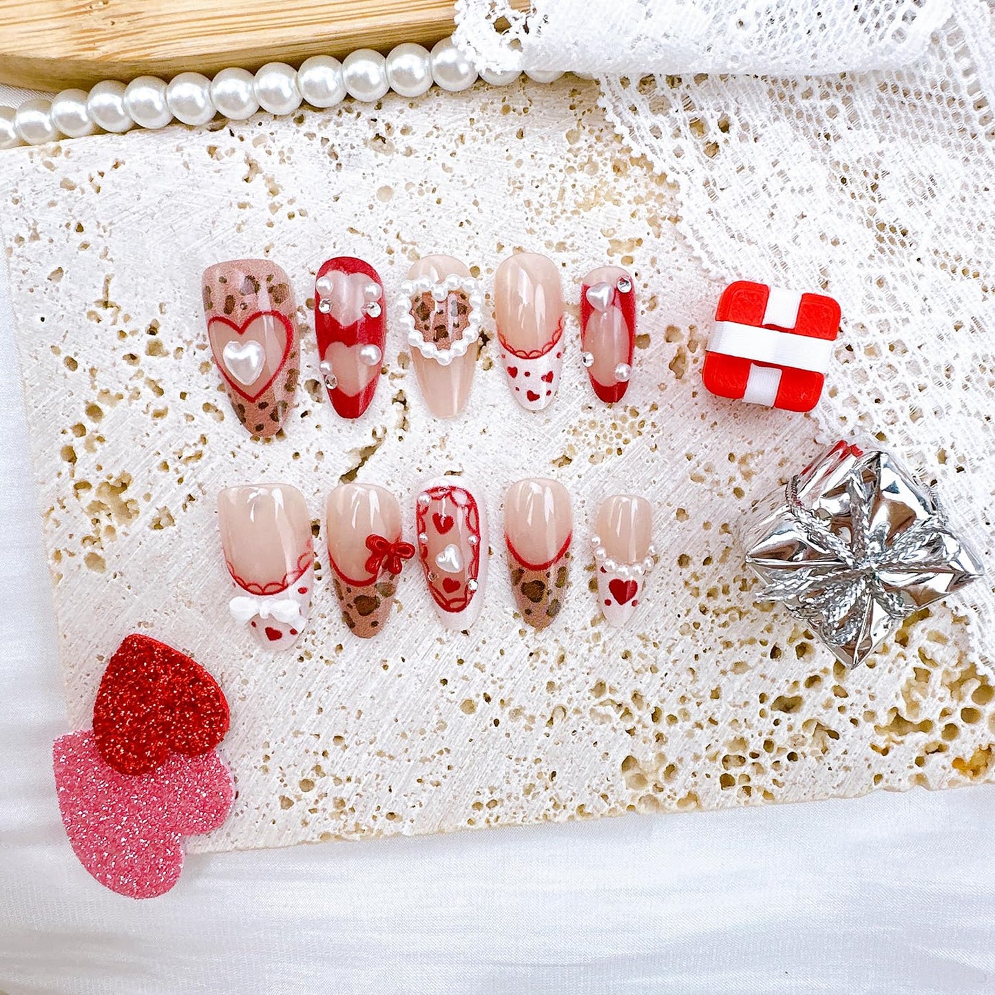 Leopard Print Press-On Nails - 30 Pcs Medium Almond Acrylic with Heart Pearl Bow & Rhinestones | Romantic Valentine’s French Tip Design