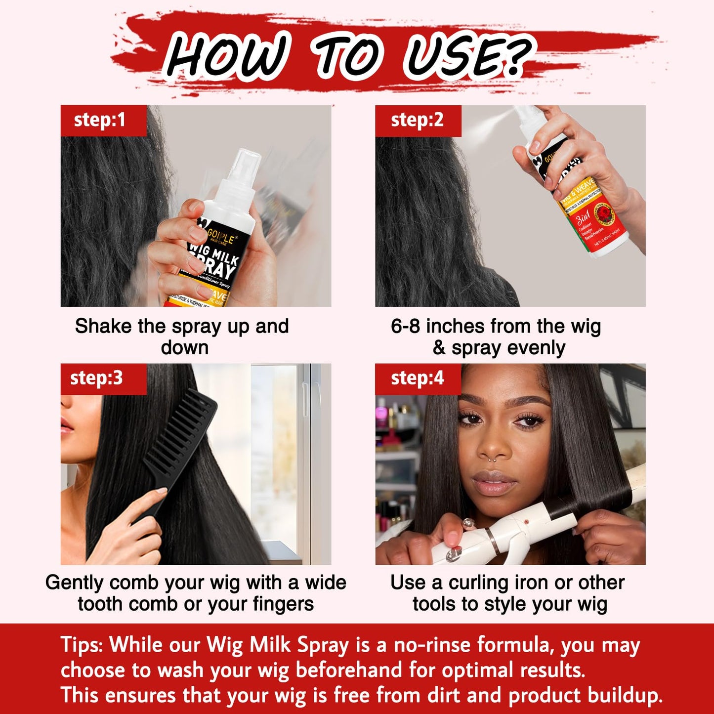 Goiple 2PCS Synthetic Wig Milk Spray, Heat Thermal Leave-In Conditioner Wig Detangler Spray for Human Wigs, Conditioner ＆ Detangler 3 in 1 Moisturizer, Synthetic Hair Wigs Easy Combing