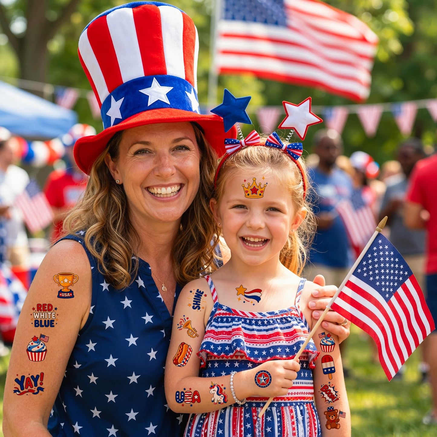 4th of July Temporary Tattoos - Cute Independence Day Stickers for Kids & Adults | Red, White & Blue Party Favors