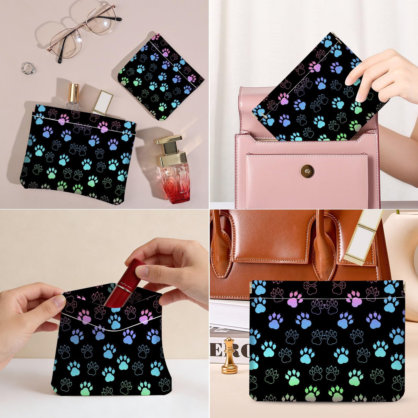 Luoycxy 2 PCS PU Leather Small Makeup Bag Set for Purse,No Zipper Self-closing Cosmetic Bag, Portable Coin Purse Lipstick Accessories Organizer Travel Toiletry Storage Pouch for Women,Dog paw print