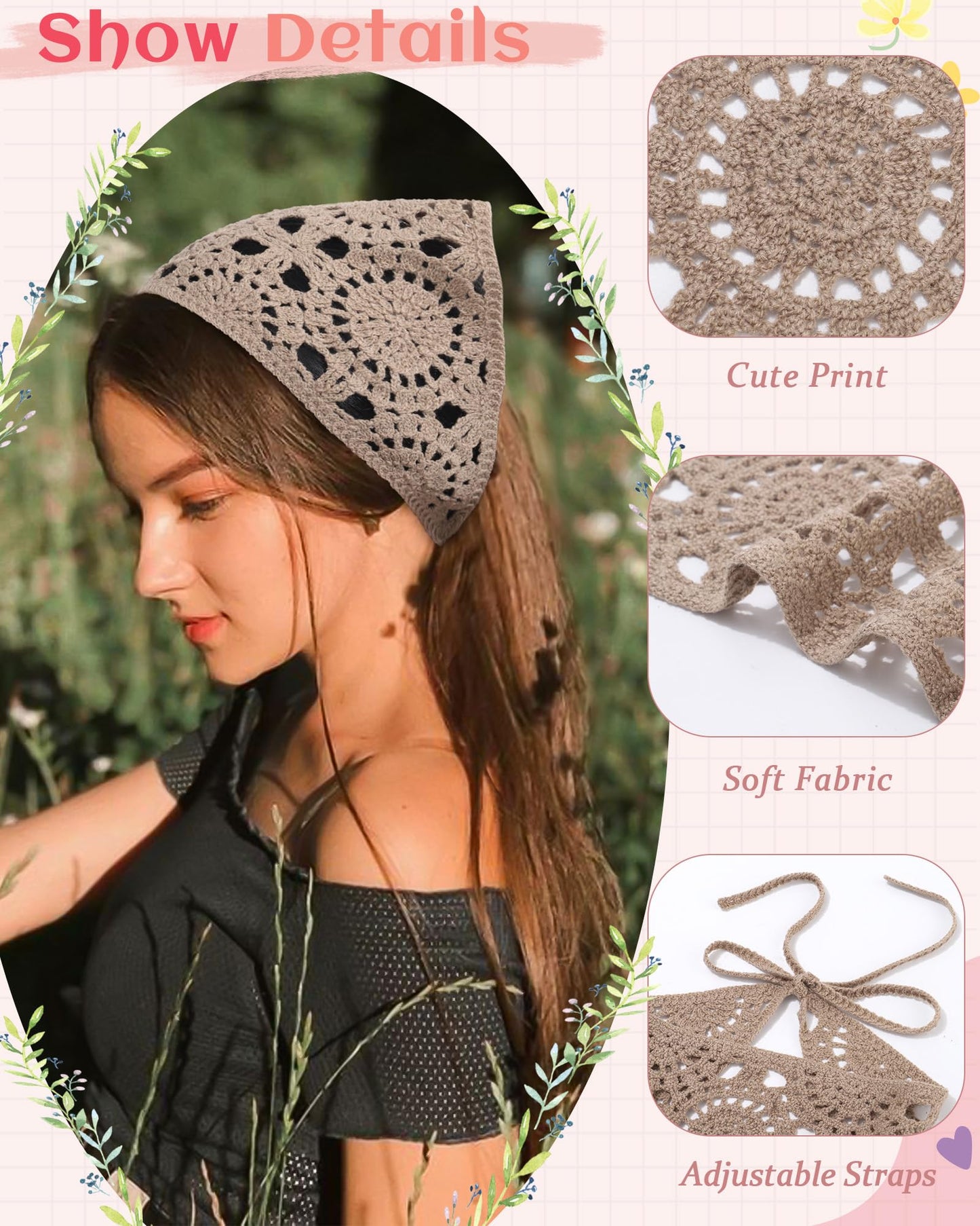 HAIMEIKANG Crochet Hair Bandanas for Women Knit Head Scarf Bandana Headband Scarf Tie-Back Floral Headscarf for Girls(White+Coffee)