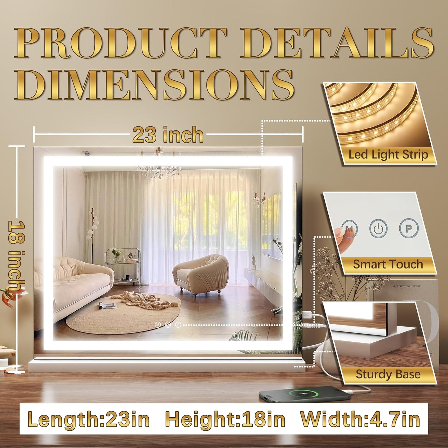 Lighted Vanity Mirror - 23x18 Inch Dimmable LED with Touch Control | Large Makeup Mirror for Dressing Room