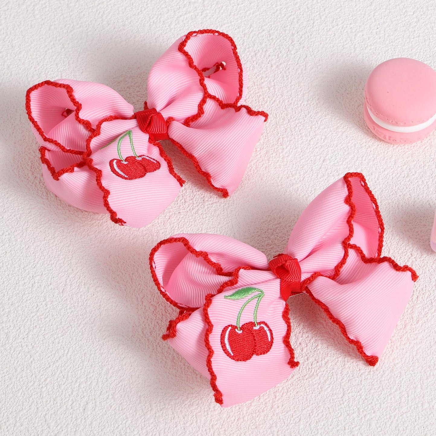 4" Red Cherry Fruit Hair Bow Clips 2PC Pink Embroidered Grosgrain Ribbon Bowknot Alligator Clip for Teen Girls Women Birthday Party Dress Summer Outfit Decor Accessory Gift