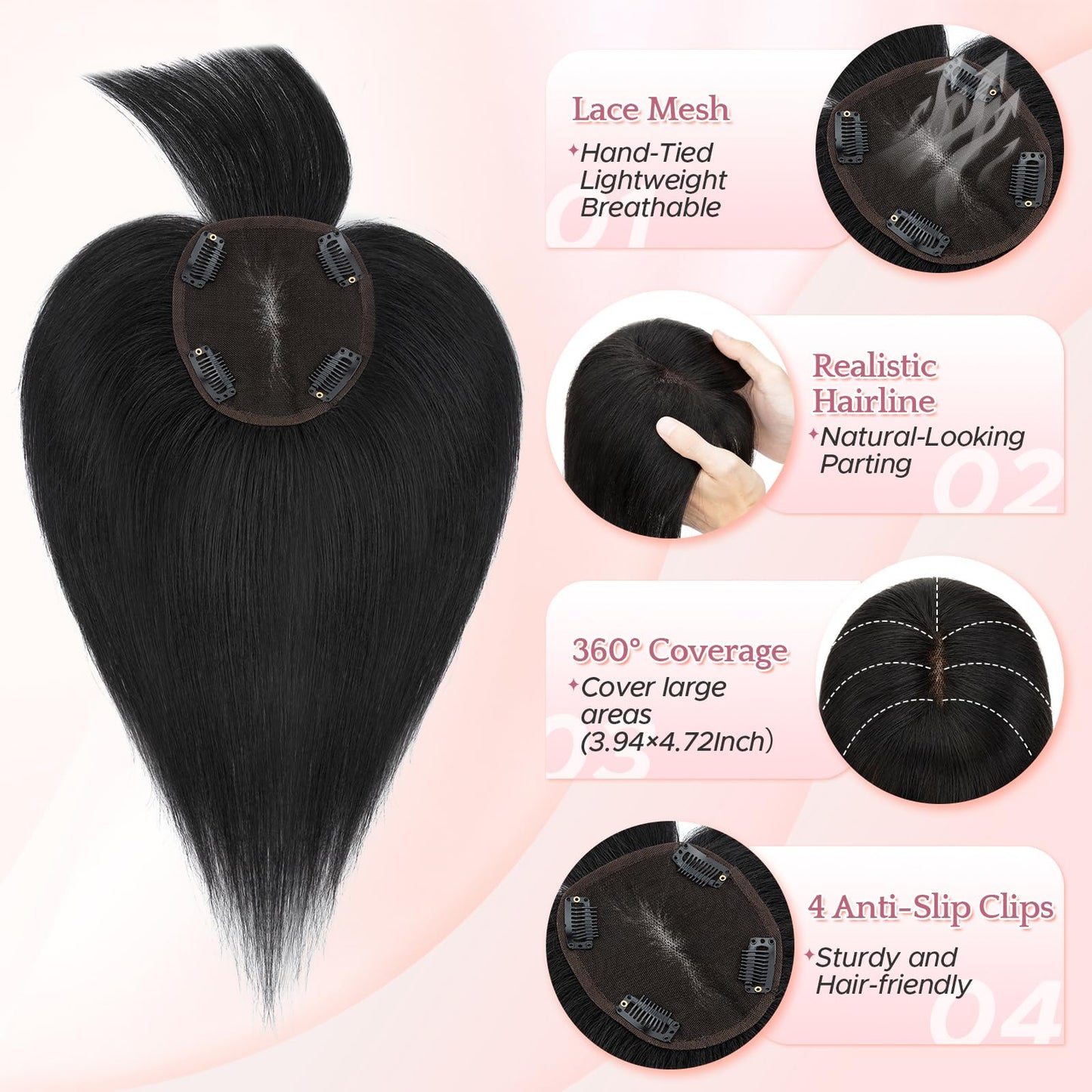 SEGO SEGOHAIR Human Hair Topper 3.94"x4.72" Lace Hair Toppers for Women, Clip In Topper Hairpieces for Women Thinning Hair, Volume Boosting, Daily Use (11Inch #1B Natural Black)