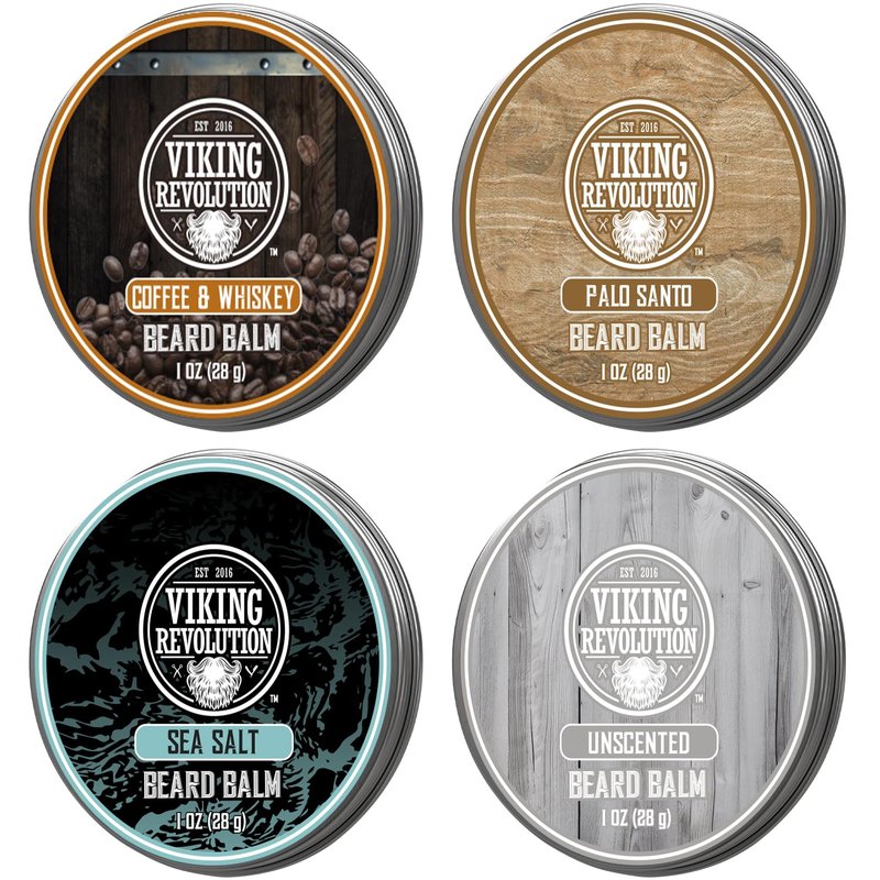 Viking Revolution 4 Beard Balm Variety Pack (1oz Each) – Coffee & Whiskey, Palo Santo, Sea Salt and Unscented – Styles, Strengthens & Softens Beards & Mustaches – Leave-In Conditioner Wax for Men