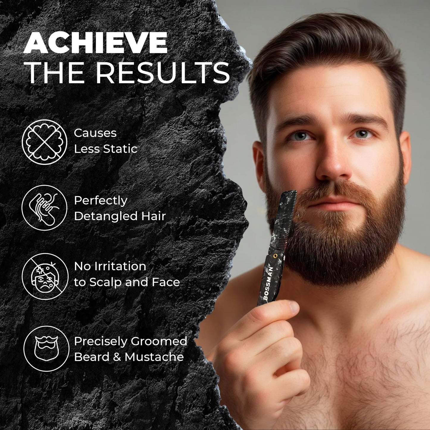 Bossman MUDstache Mustache Wax for Men + Acetate Folding Mustache & Beard Comb – Unscented Styling and Grooming Kit