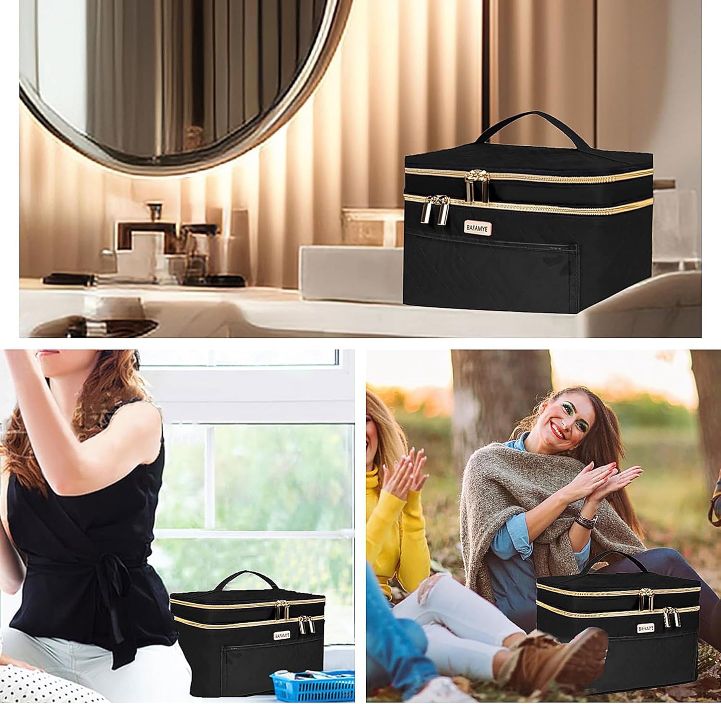 Double Layer Travel Makeup Bag - Large Cosmetic Organizer for Travel Accessories | Black, 8.8L Capacity