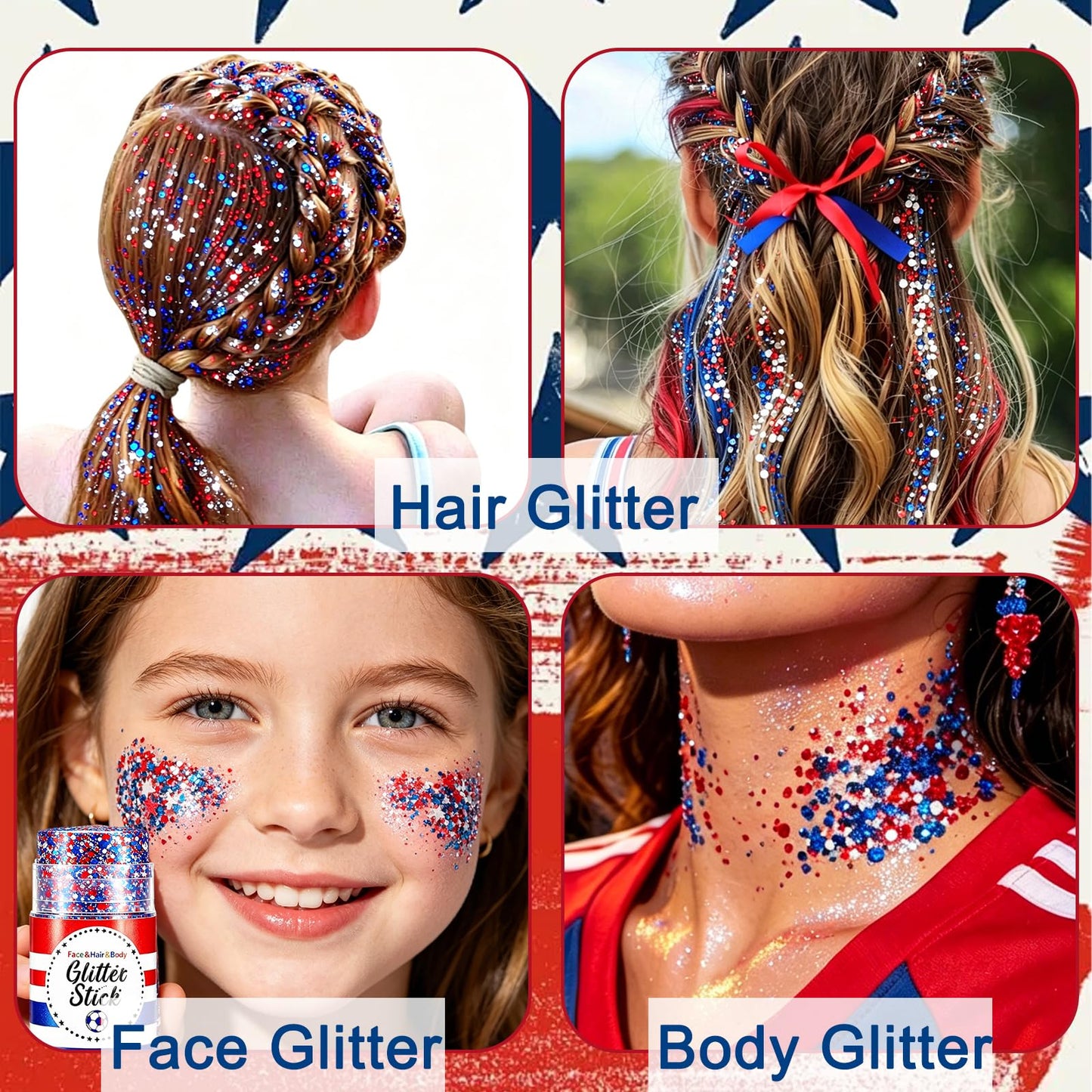 Patriotic 4th of July Body Glitter Stick,Sparkle Red White and Blue Hair Face Glitter for Independence Day 250 Anniversary Party,4th of July Outfits and Decorations for Women Kids, Memorial Day