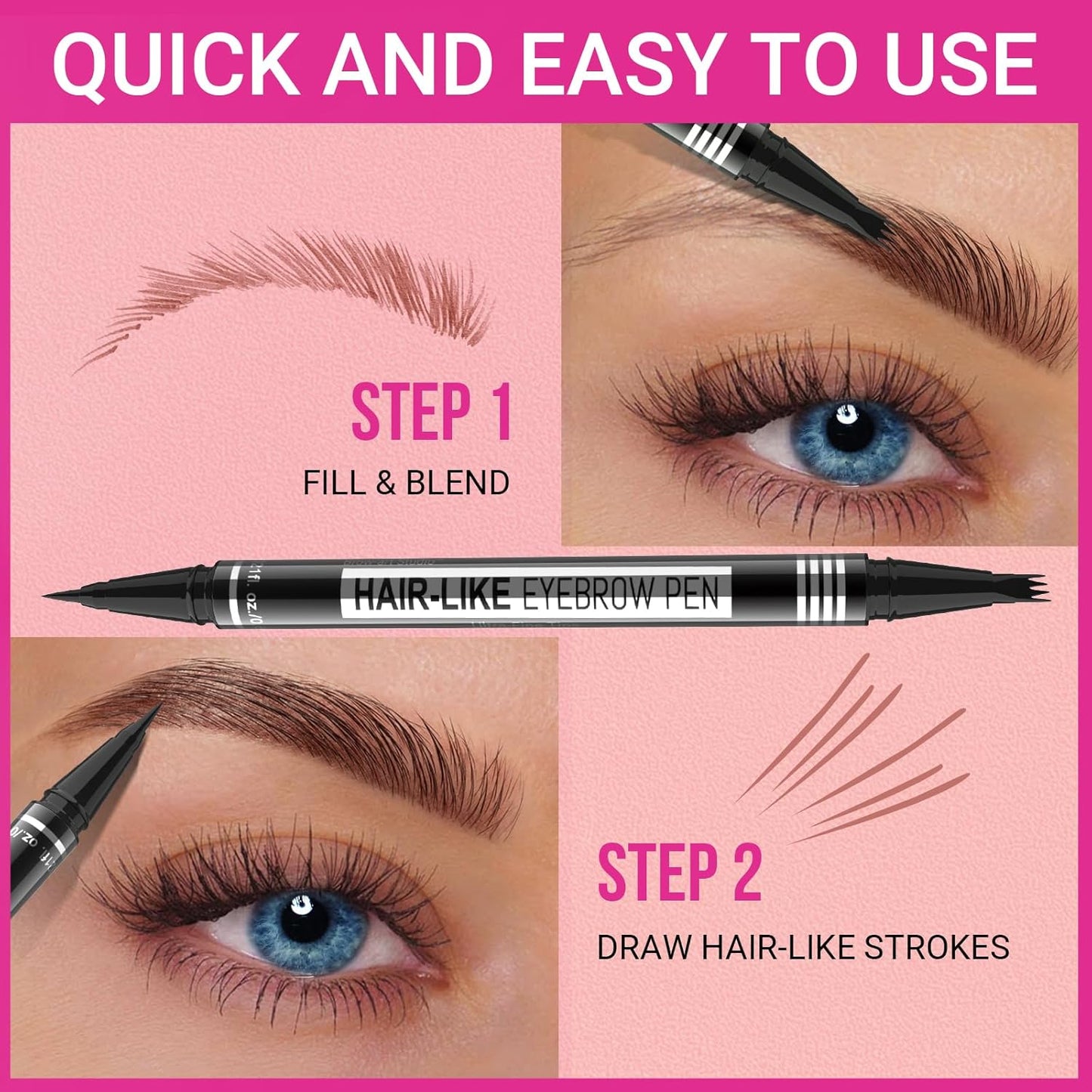 Microblading Eyebrow Pen - 2-in-1 Dual-Ended Pencil with 4-Fork & Brush Tips for Natural Hair-Like Brows | Light Brown