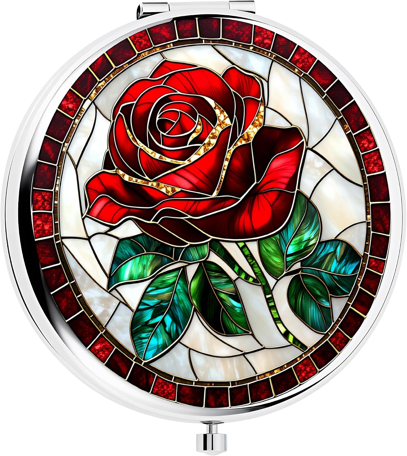 Silver Compact Mirror - Double-Sided Folding Makeup Mirror with Red Rose Design | 2.8 x 2.8 Inches, Perfect Gift for Women