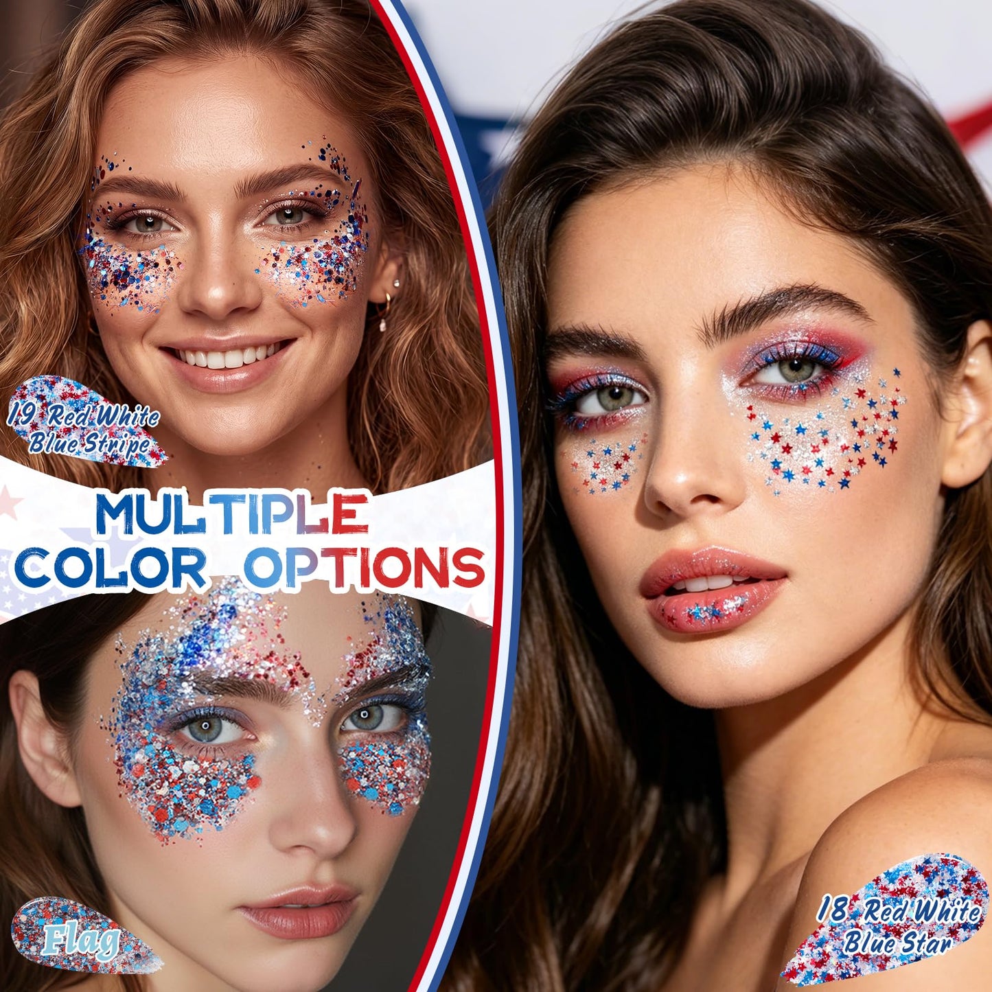 YBUETE Red White Blue Star Face Body Glitter Stick, 4th of July Glitter, Patriotic Makeup USA Flag Accessory for Independence Day, Memorial Day, Veterans Day, Sparkling Makeup for Adult