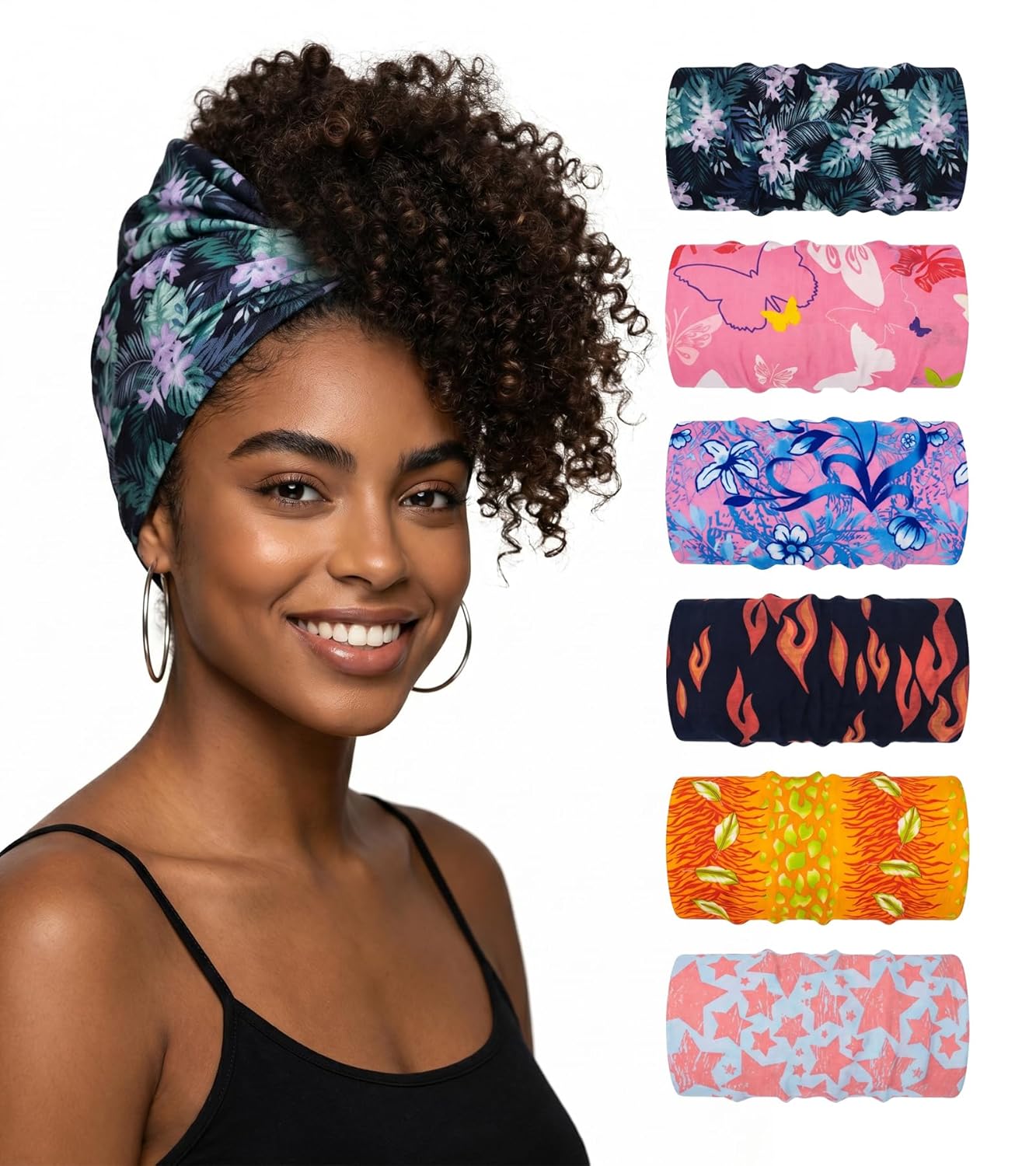 Stretchy Headbands for Women - Soft Breathable Hair Wraps for Sleeping | 6 Pack for Curly & Coily Hair