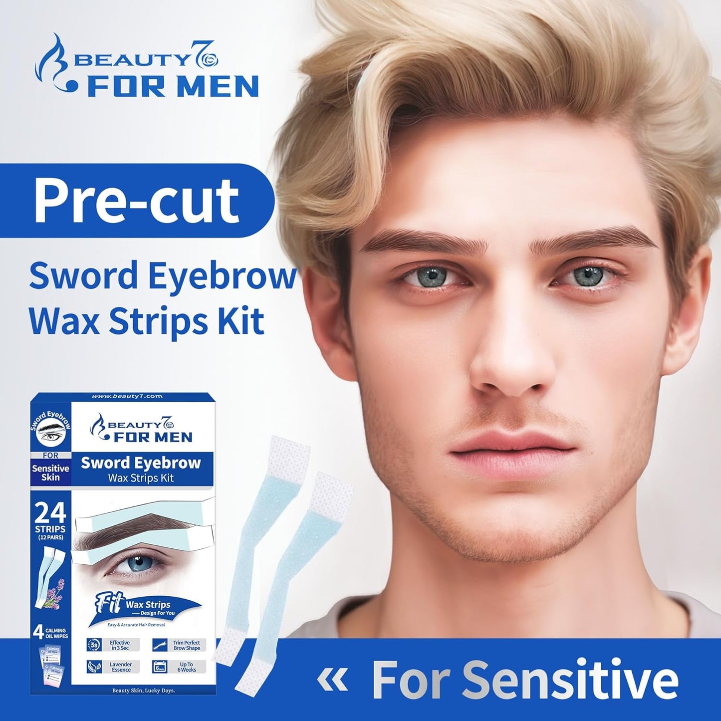 Men's Sword Eyebrow Wax Strips - Hair Removal Waxing Strips for Sensitive Skin | 24 Strips + 4 Calming Oil Wipes