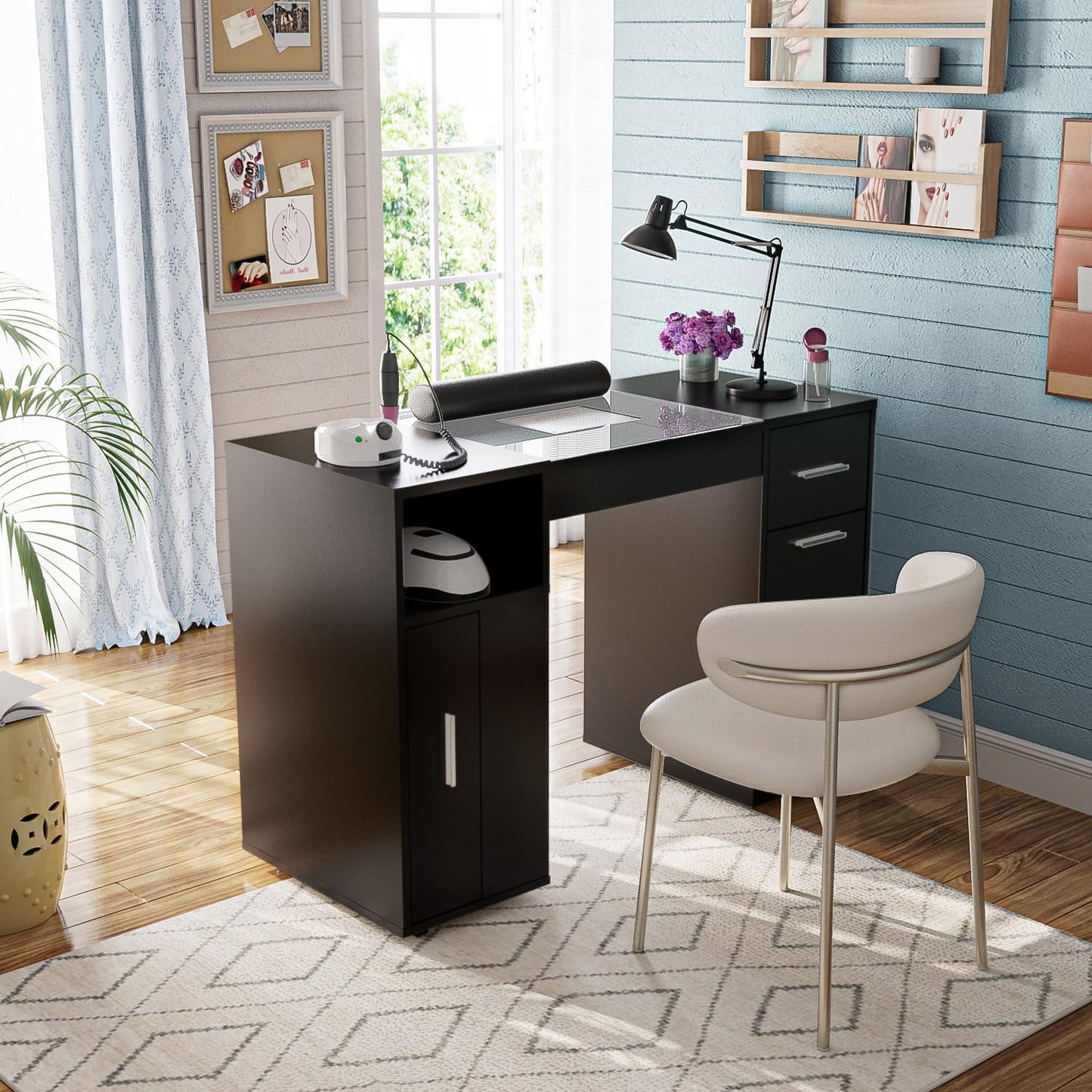 Manicure Table - Nail Desk with Glass Top & Wrist Rest | Acetone Resistant Beauty Station, Black