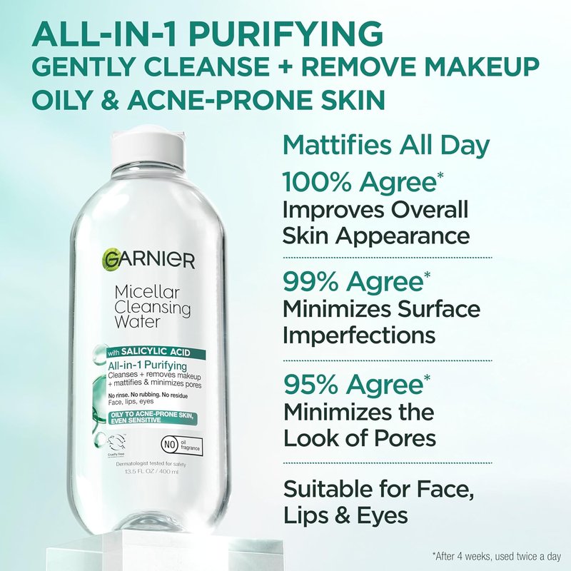Garnier Micellar Water - Salicylic Acid Facial Cleanser & Makeup Remover for Oily Skin | 13.5 Fl Oz