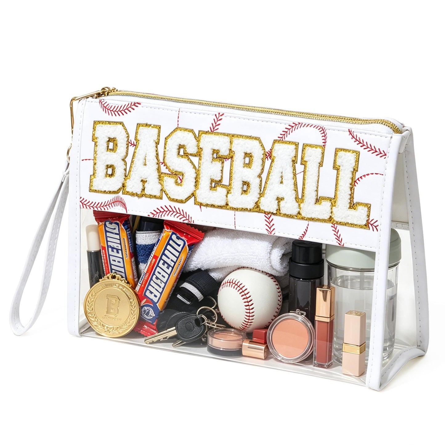 Baseball Mom Essentials Clear Stadium Bag 12x6x12 — STANDS UPRIGHT, NOT FLAT — 2.5" Deep Transparent Tote with Chenille Letters, Waterproof Baseball Game Day Bag for Team Snacks, Makeup & Travel