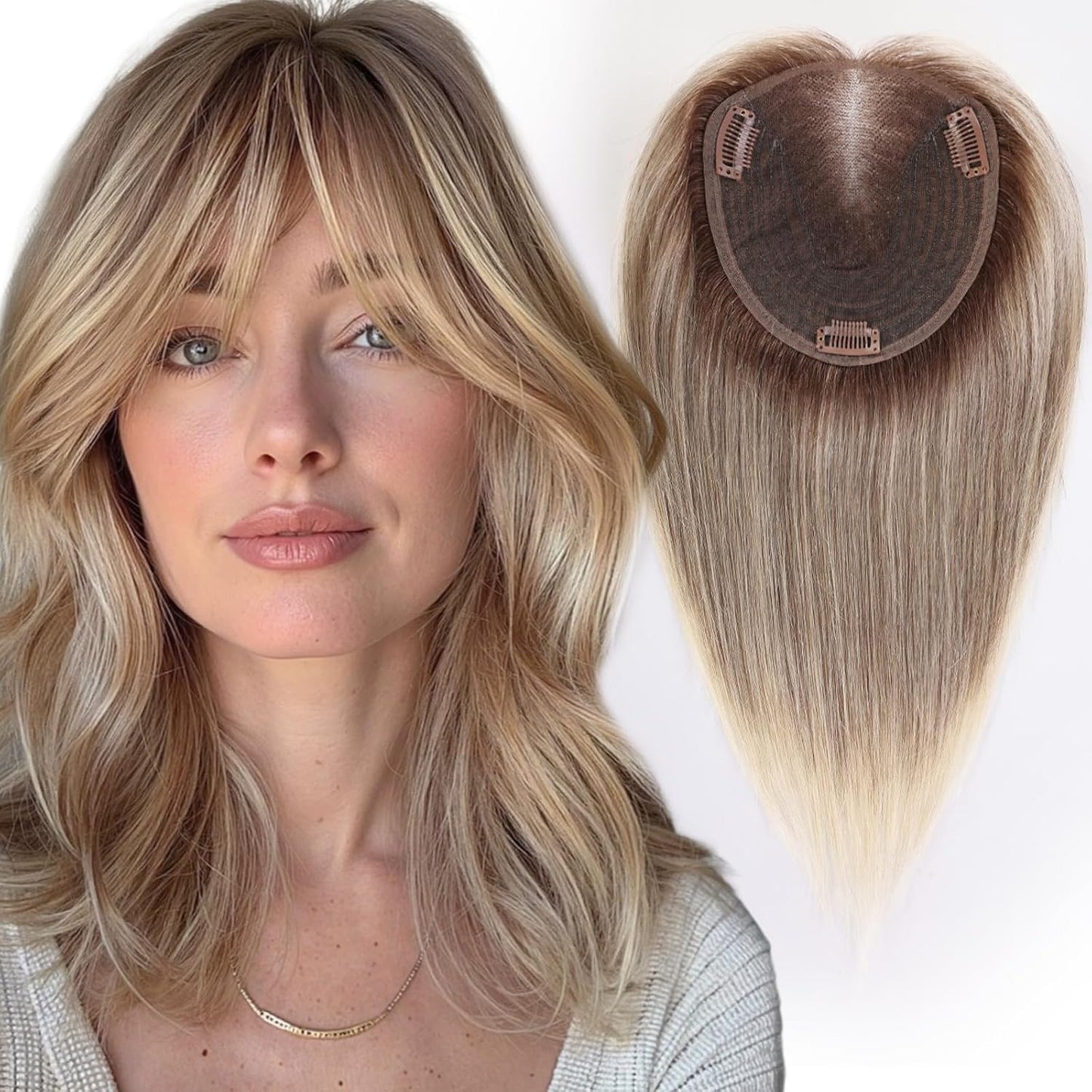 Real Human Hair Toppers for Women - 14 Inch Silk Base, Mixed Brown with Bangs | 60g
