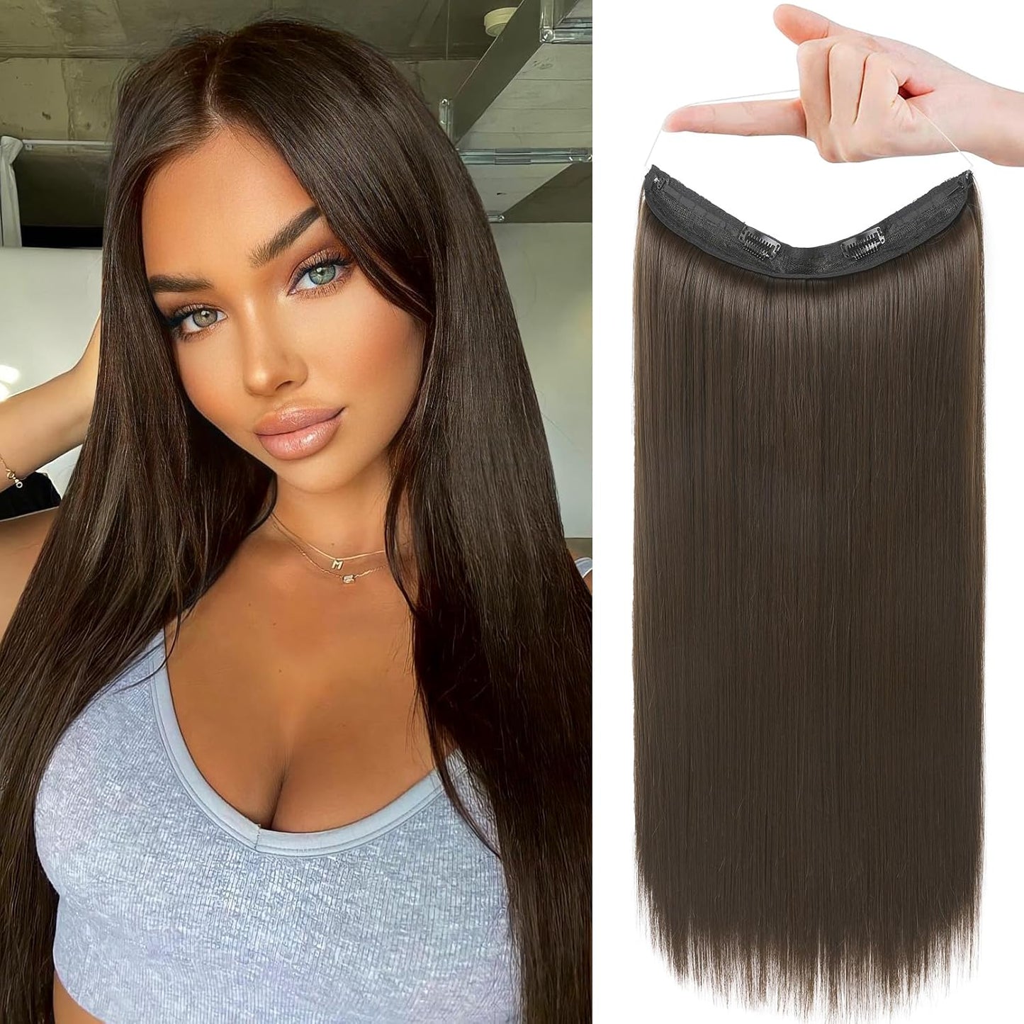 Invisible Wire Hair Extensions - Adjustable Transparent Headband with Secure Clips | Natural Black Hairpiece for Women