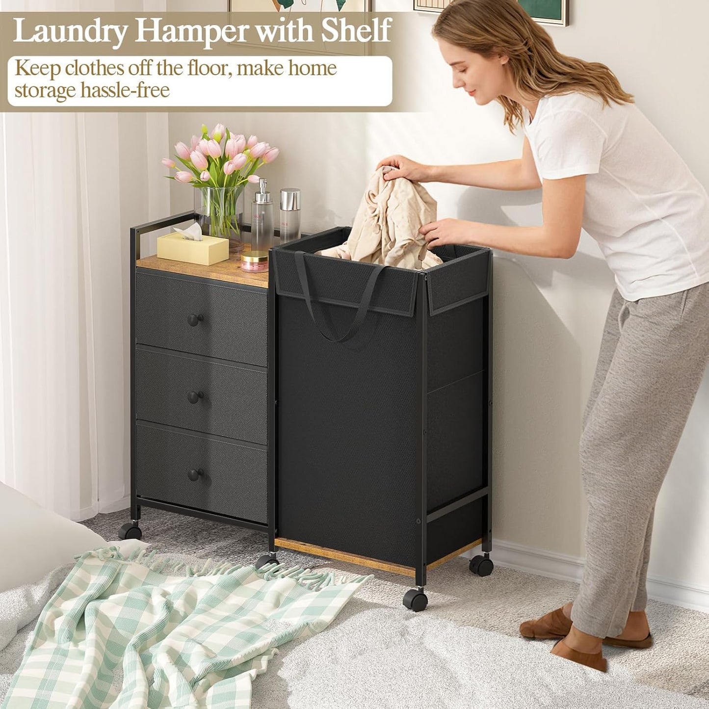Laundry Hamper with Wheels - 123L Capacity Laundry Sorter with Shelf & 3 Drawers | Detachable Fabric Bags for Bedroom & Bathroom