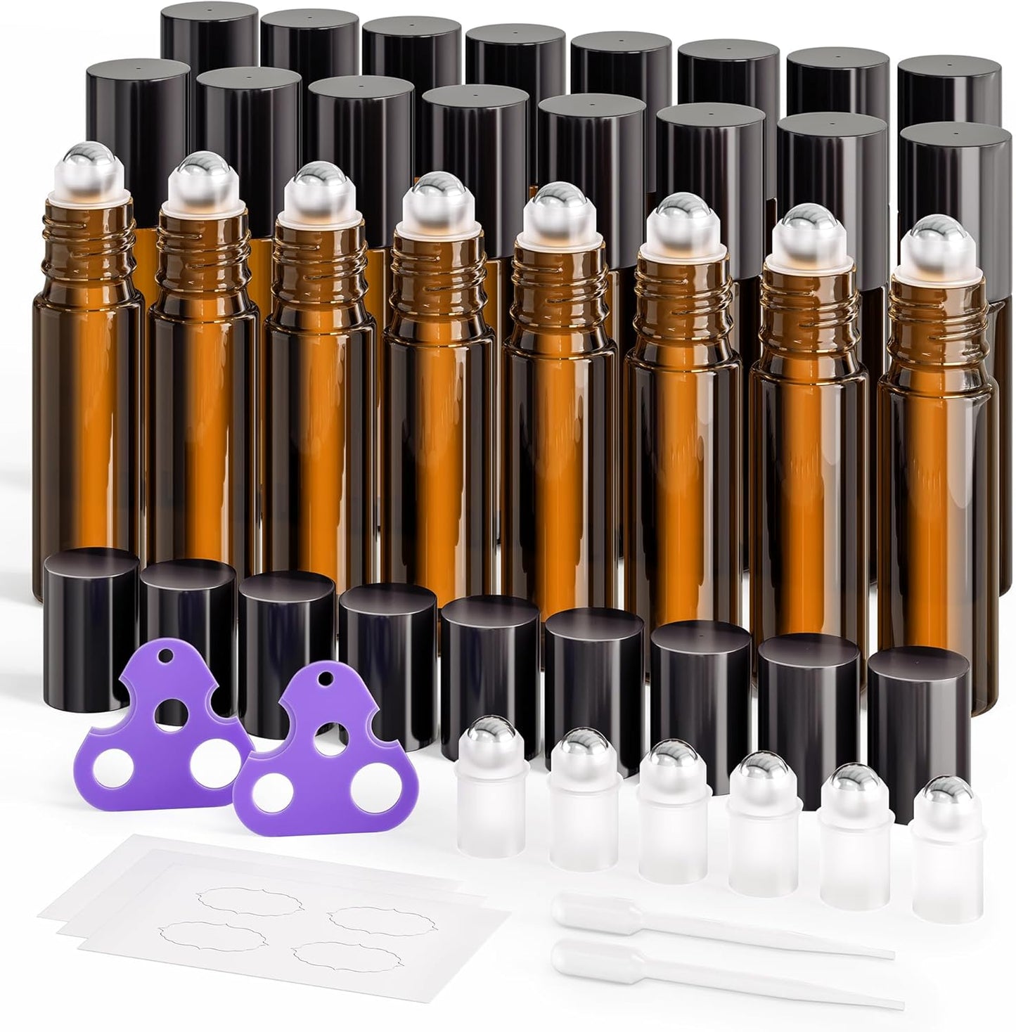 Essential Oil Roller Bottles - 48-Pack 10ml Amber Glass with Stainless Steel Roller Balls | Waterproof Labels