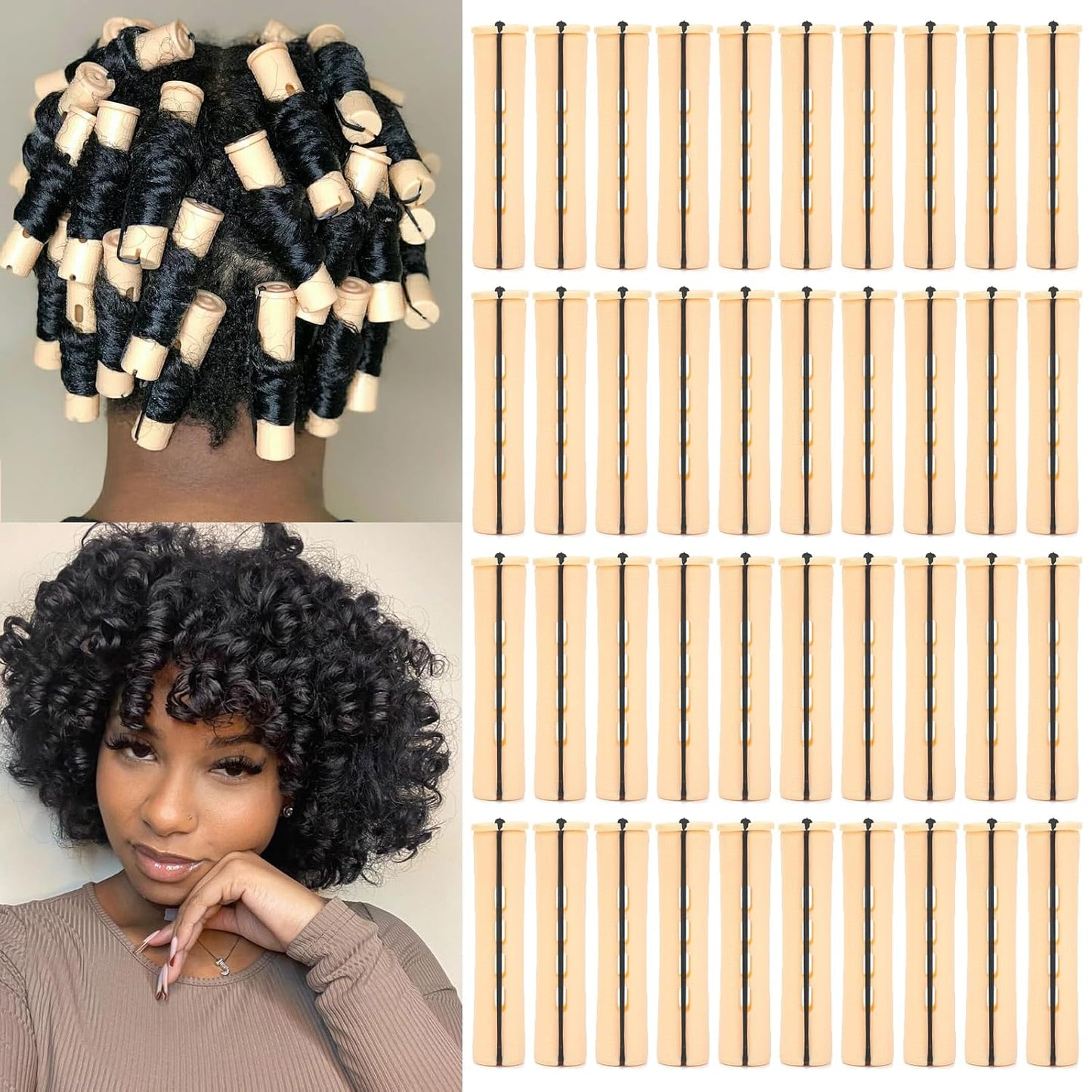 Perm Rods for Short Hair - 40 Pcs Beige Plastic Curlers for Black Women | Medium Size Peach Hair Rollers
