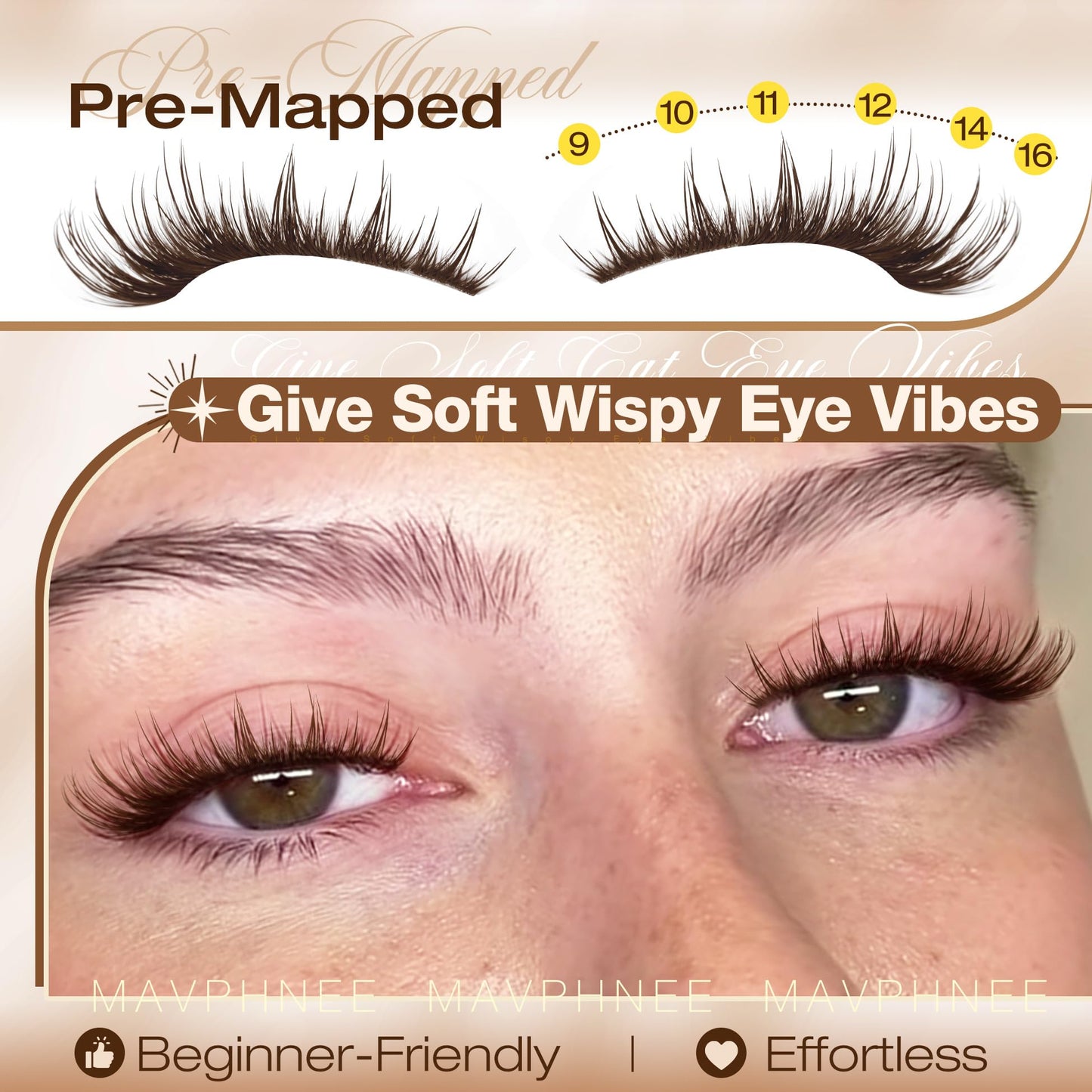 Mavphnee Brown Lash Clusters Wispy Fox Eye Eyelash Clusters Pre-Mapped 9-16MM Cluster Eyelash Extensions with Flexible Band & CC+L Curve Natural Individual Lashes For Soft Vibe