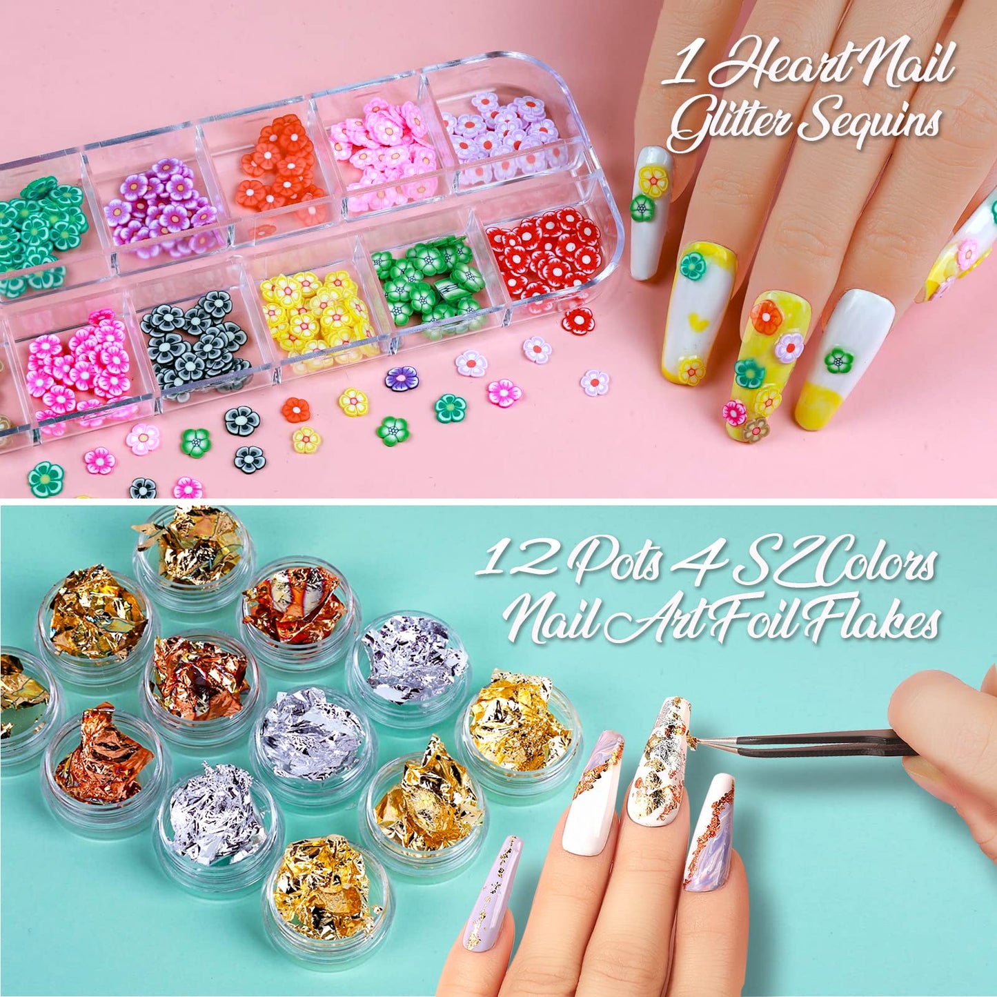 Nail Art Sticker, 12 Sheets Nail Art Stickers Flower Nail Stickers Decal 3D Self-Adhesive, Teenitor Nail Art Decoration with Nail Glitter Butterfly Sequins Nail Foils Nail Flower Slices
