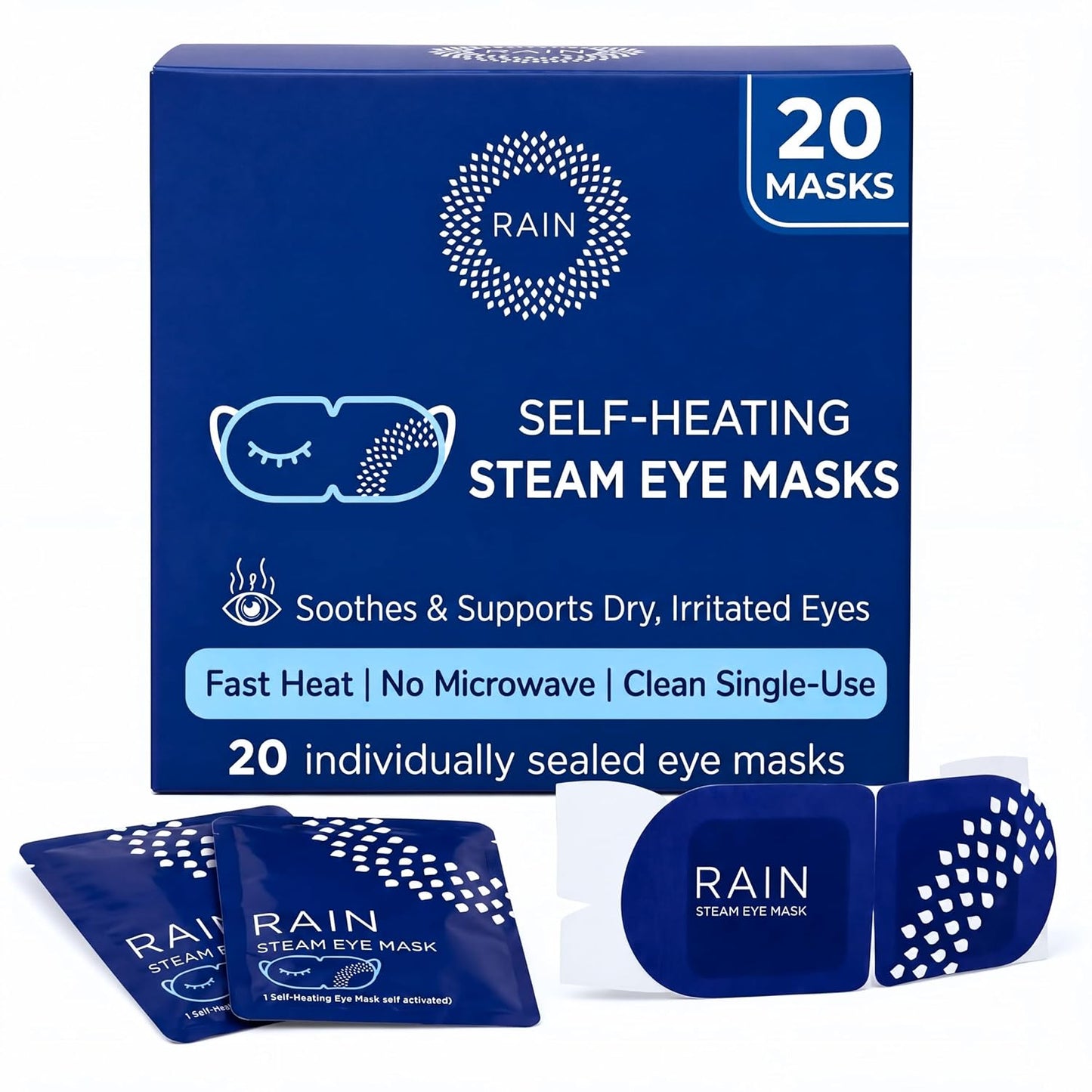Heated Eye Mask for Dry Eyes - Self-Heating Steam Compress | 20 Disposable Masks, Unscented, Travel Ready