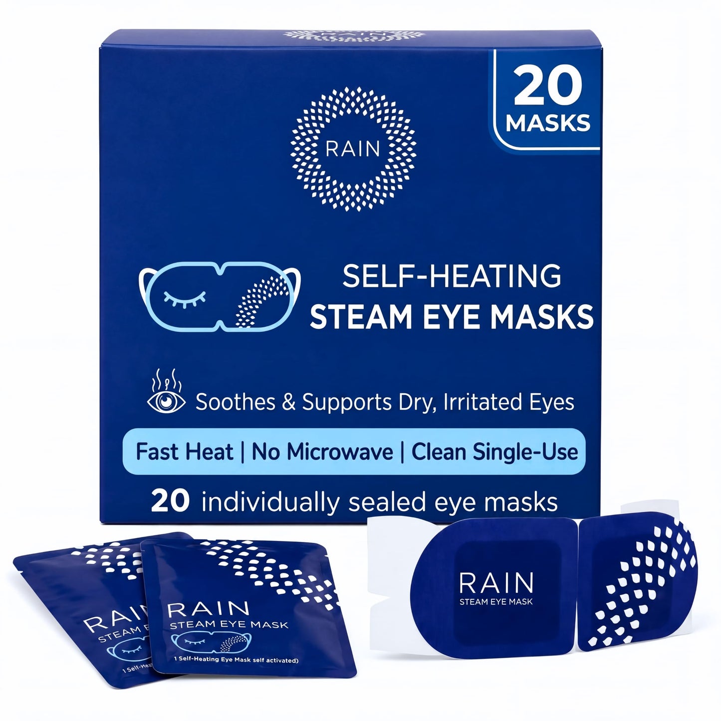 Rain - Heated Eye Mask for Dry Eyes, Self Heating Steam Eye Masks Disposable, Warm Compress for Eyes, Stye Treatment, Moist Heat, Unscented, No Microwave, Travel Ready (20 Masks)