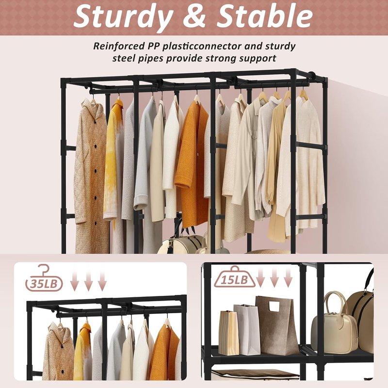 Large Capacity Portable Wardrobe Closet - Easy Assembly, Black | 3 Hanging Rods, 6 Shelves, 8 Pockets