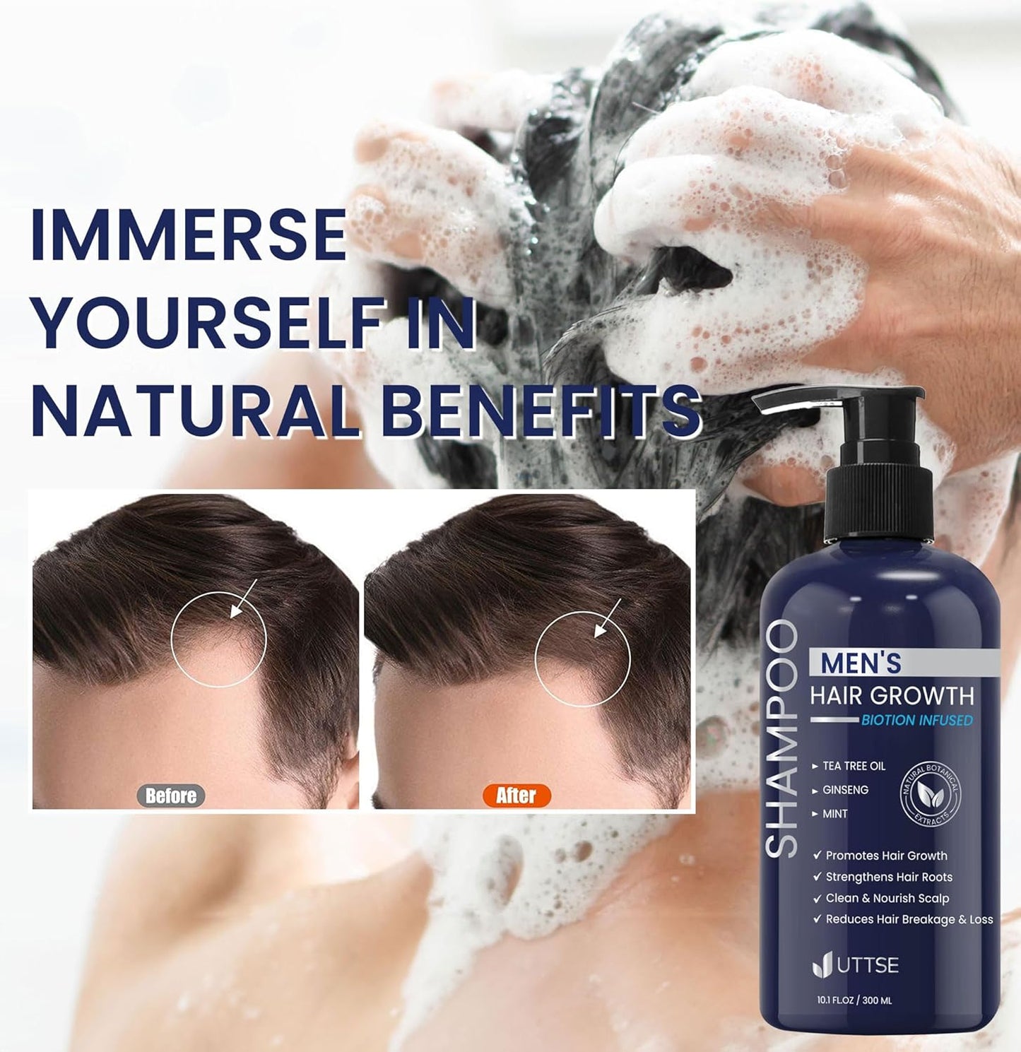 Biotin Hair Growth Shampoo for Men - Natural Thickening with Tea Tree Oil & Ginseng | 10.1 fl. oz, Dark Blue