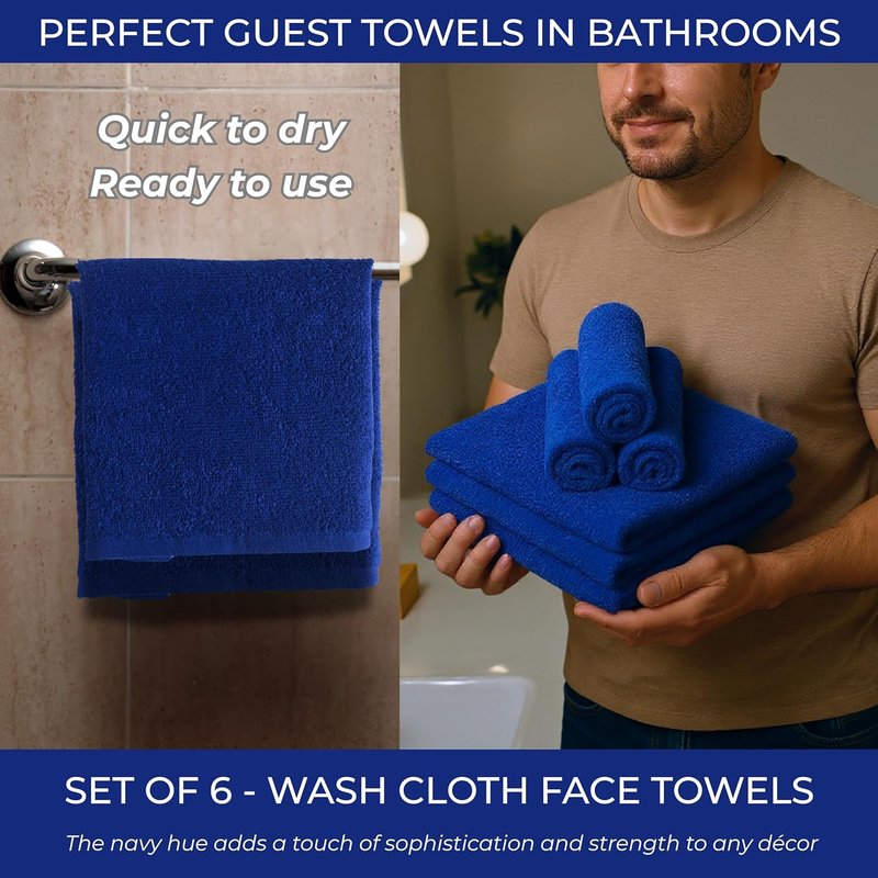 Navy Blue Cotton Wash Cloths - Soft Absorbent 12"x12" Bath Rags | 6 Pack for Adults & Kids