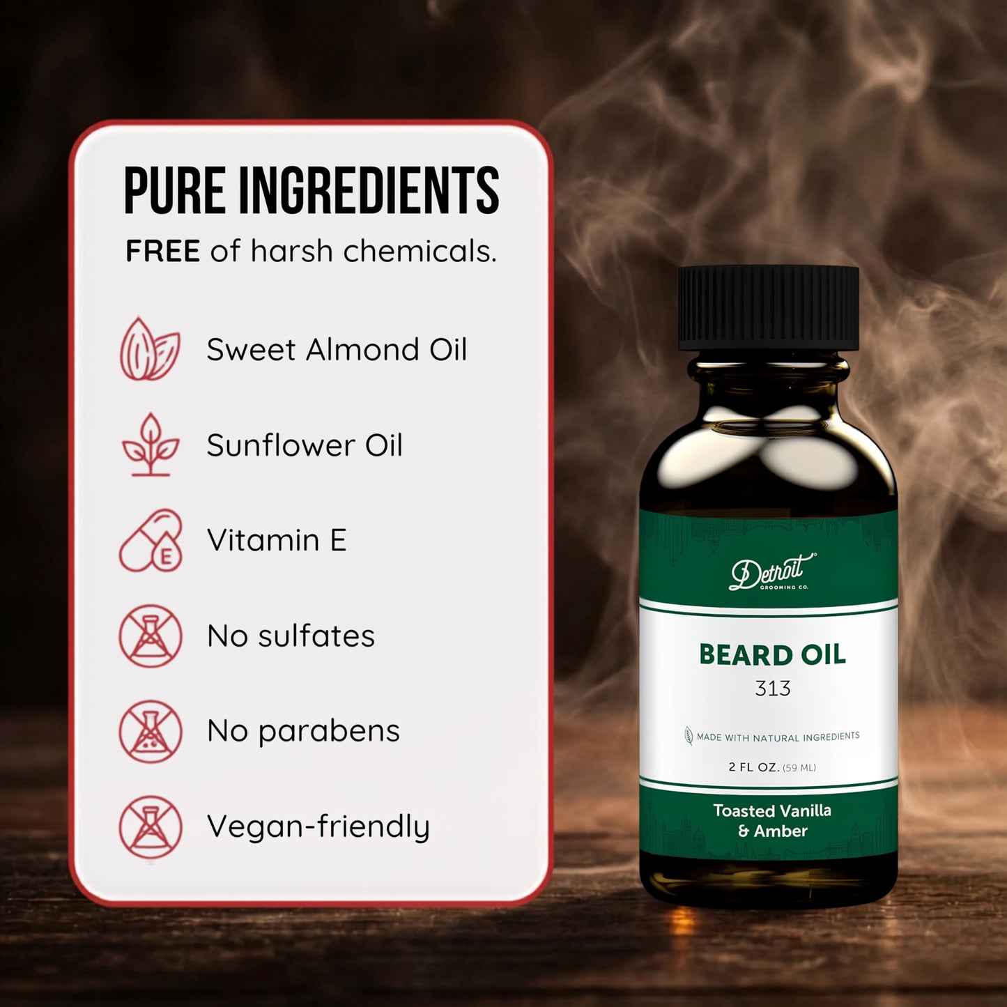 Detroit Grooming Co. Beard Oil (2oz) - Toasted Vanilla & Amber - Premium Nourishing Formula with Sweet Almond Oil & Vitamin E - Men's Beard Softener & Moisturizer - Double Size