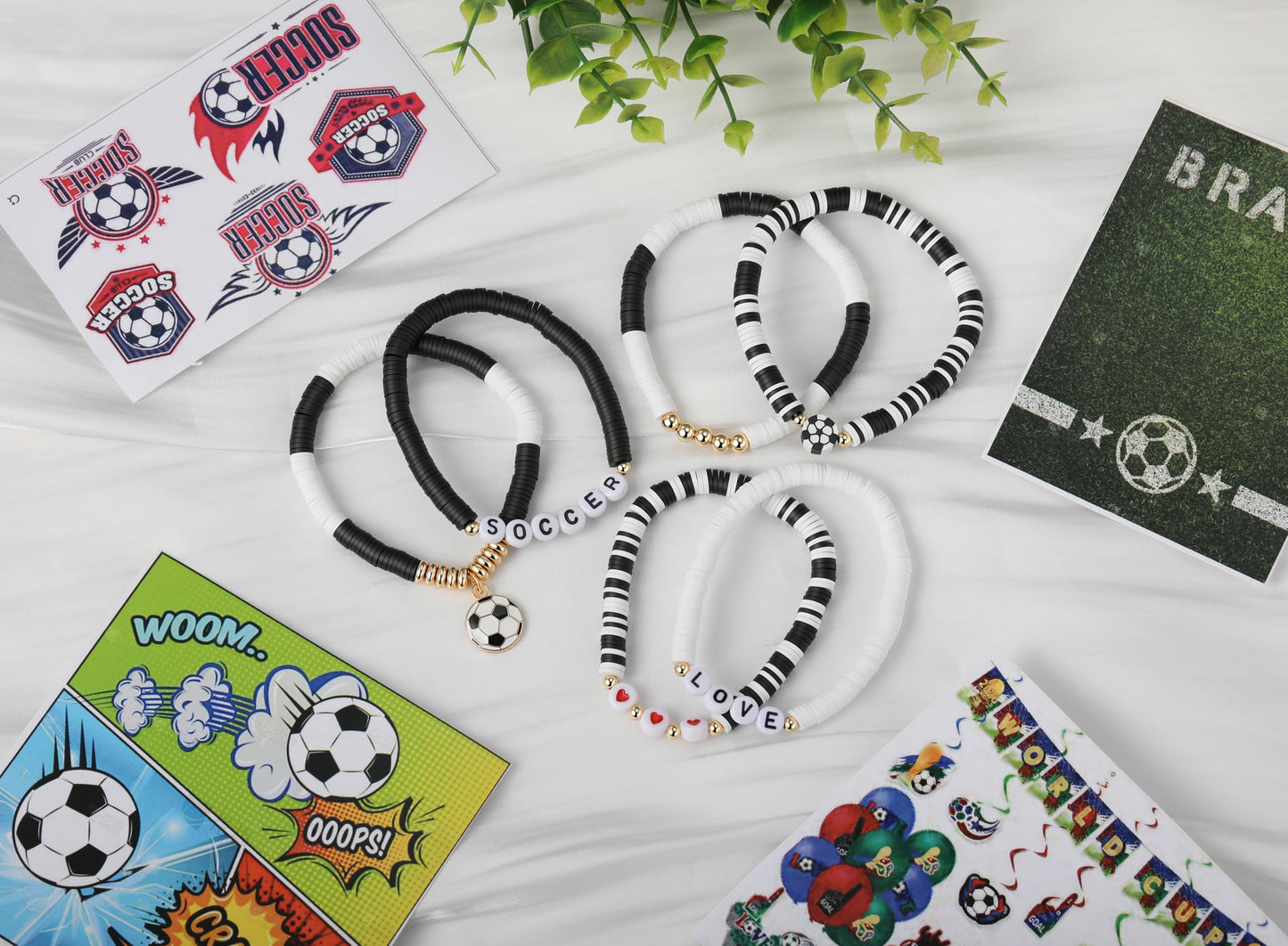 Poasrelax World Soccer Game-day Cup Bracelet Stack Set 7pcs Softball/Baseball/Basketball/Soccer/Volleyball/Tennis/Football Stretch Sports Fans Jewelry Sports Beaded Bracelets with Charms