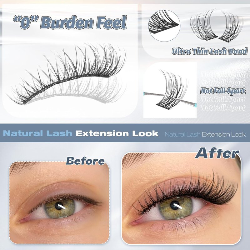 Natural Short Lash Clusters - Wispy 8-12mm Individual Eyelash Extensions | Soft Thin Band C-Curl