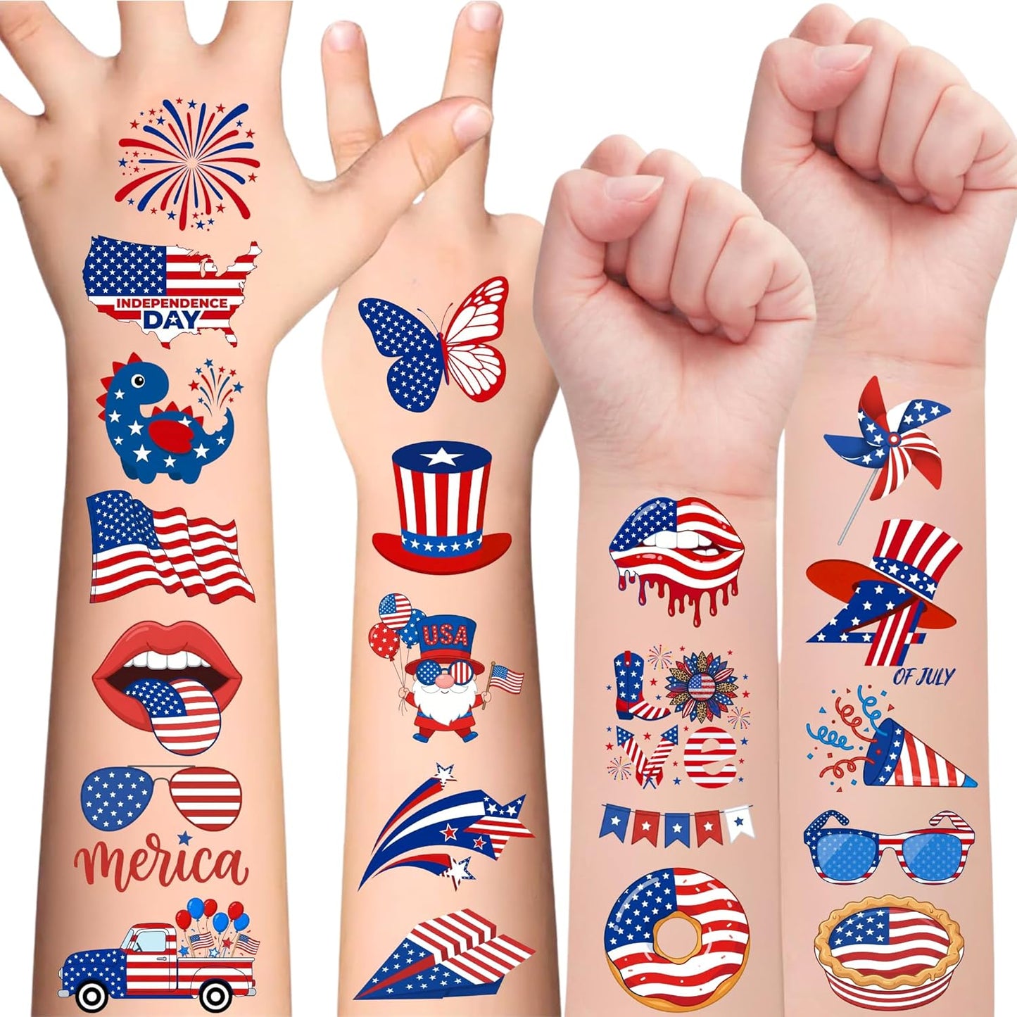 Fourth of July Temporary Tattoos - 105 Patriotic USA Stickers for Party Favors | Red, White & Blue Designs