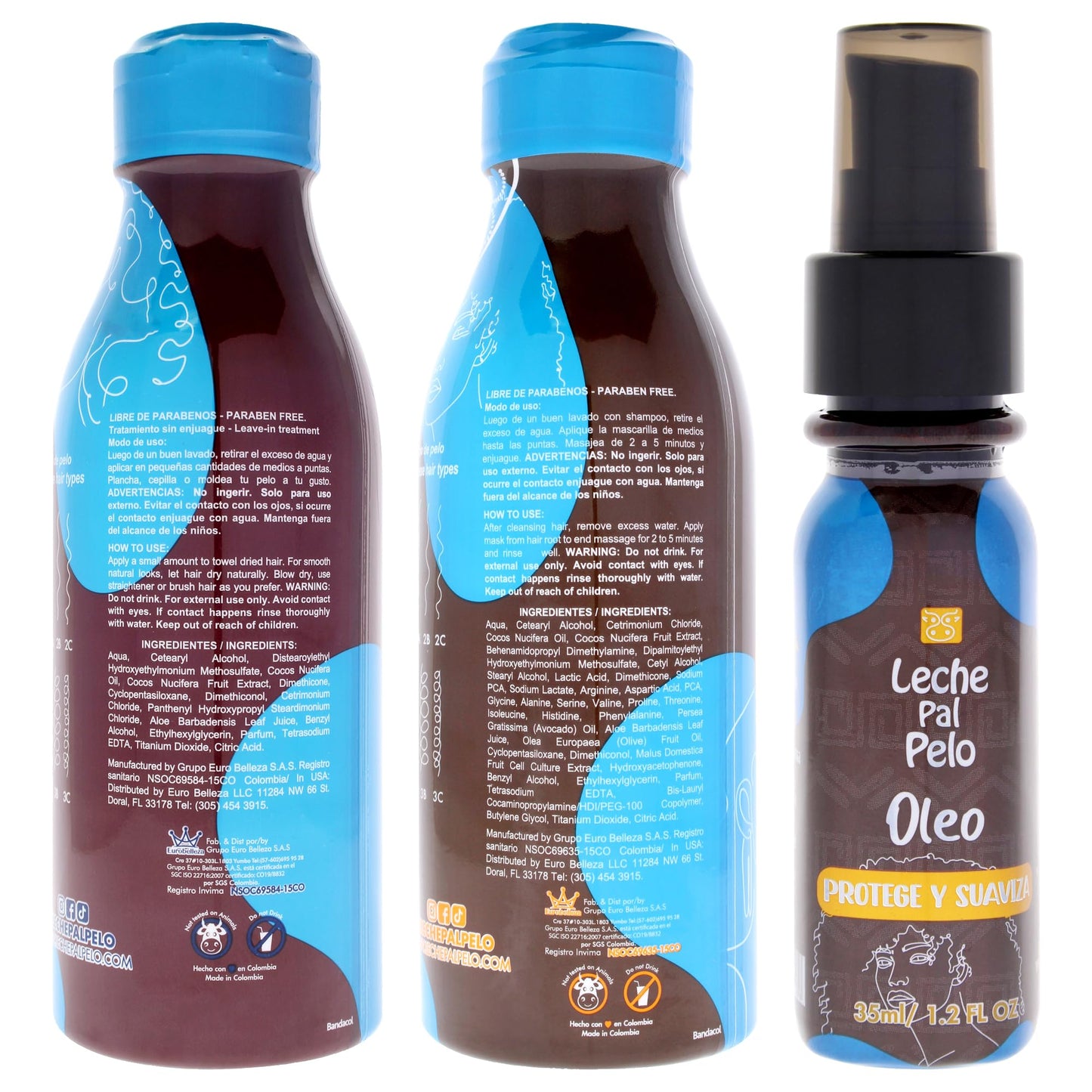 Leche Pal Pelo Curly and Wavy Kit for Women - 3 Pc Kit 14.9oz Thermal Protector, 14.9oz Nourishing Hair Repair Mask, 1.2oz Oleo Oil