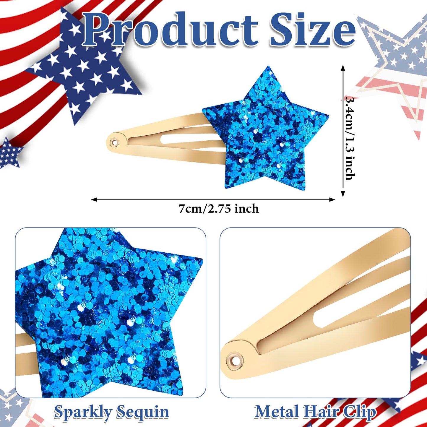 YISSION 9 Pack 4th of July Glitter Star Hair Clips, Red White Blue Patriotic Snap Barrettes, Sparkle Star Hair Accessories for Women Girls, Independence Day Memorial Day Party Hair Grips