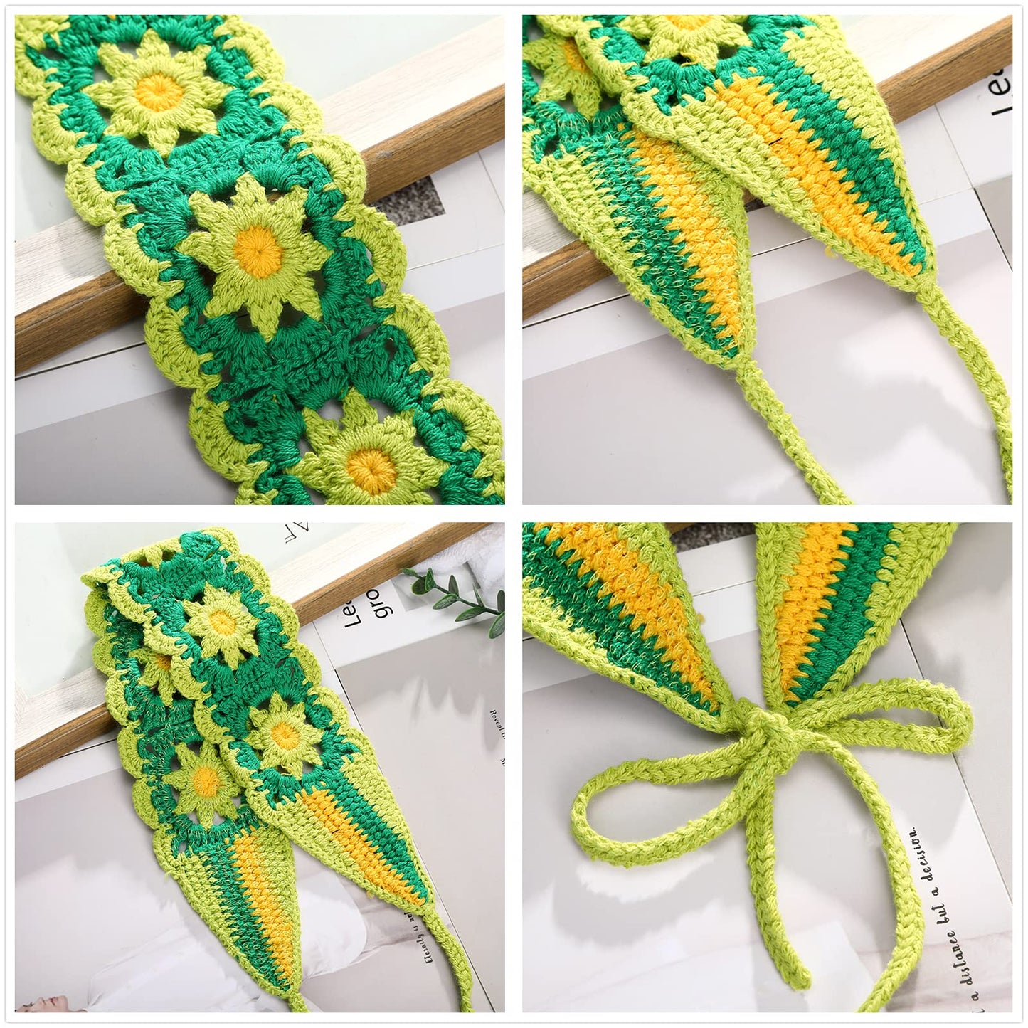 CHLINS Daisy Floral Elastic Handmade Crochet Headbands - 3PCS Bohemian Knit Head Wraps for Women and Girls (Colorful: Purple, Green, Orange)
