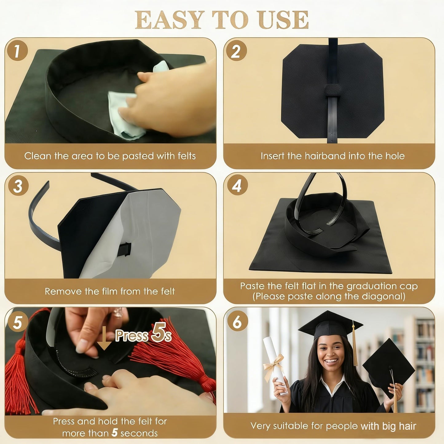 Zeyoy Graduation Cap Headband Insert - Adjustable & Anti-Fall Hair Band for Securing Grad Cap, Firm Hat Accessories for Graduates (1, Black)