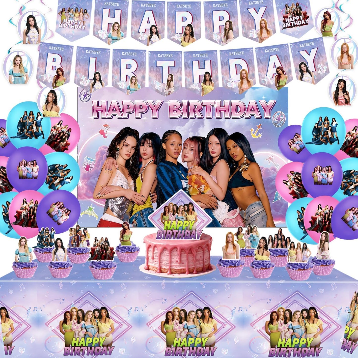 KATSEYE Birthday Decorations Set - Complete Party Supplies with Banner, Backdrop, Balloons & Cake Toppers | Ideal for Girls' KATSEYE Theme Party