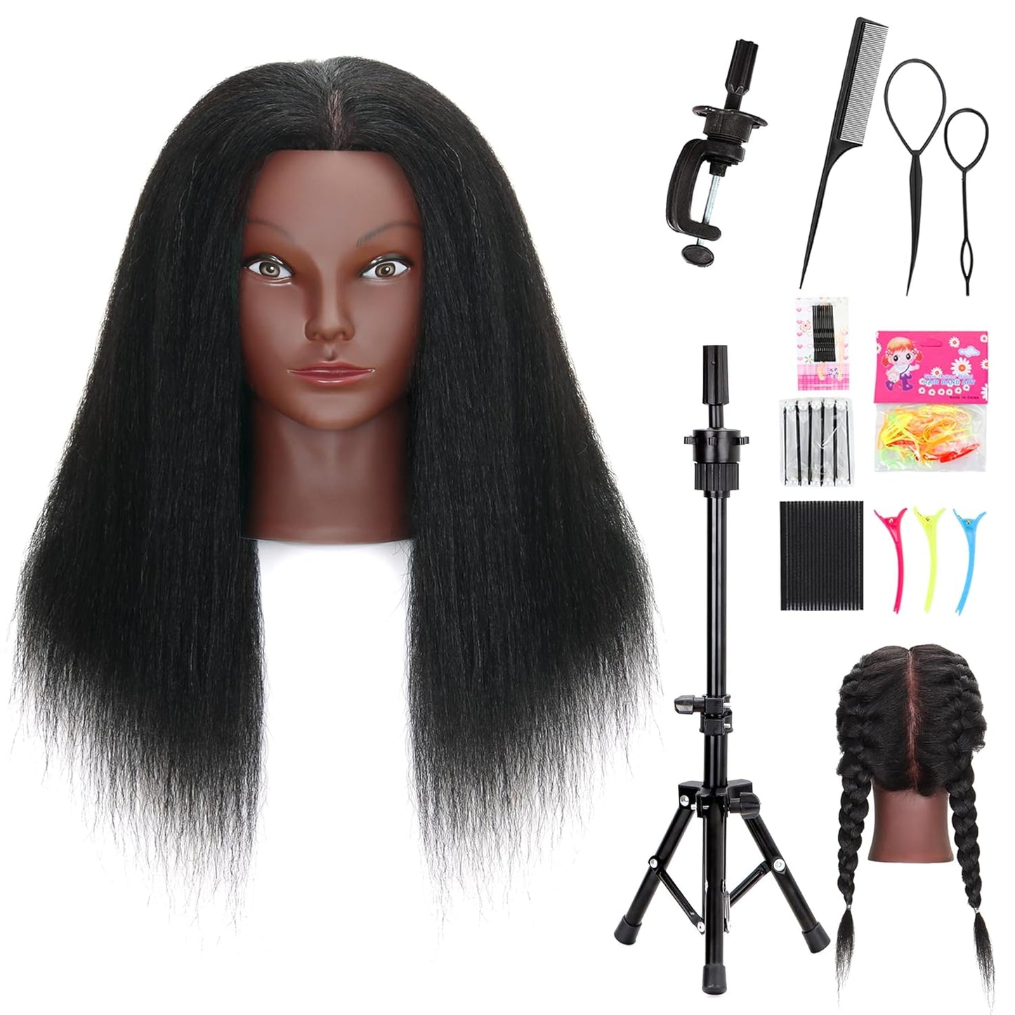 Afro Curly Mannequin Head - 100% Human Hair Cosmetology Doll for Hairdressing Practice | 10'' Brown with Clamp Holder