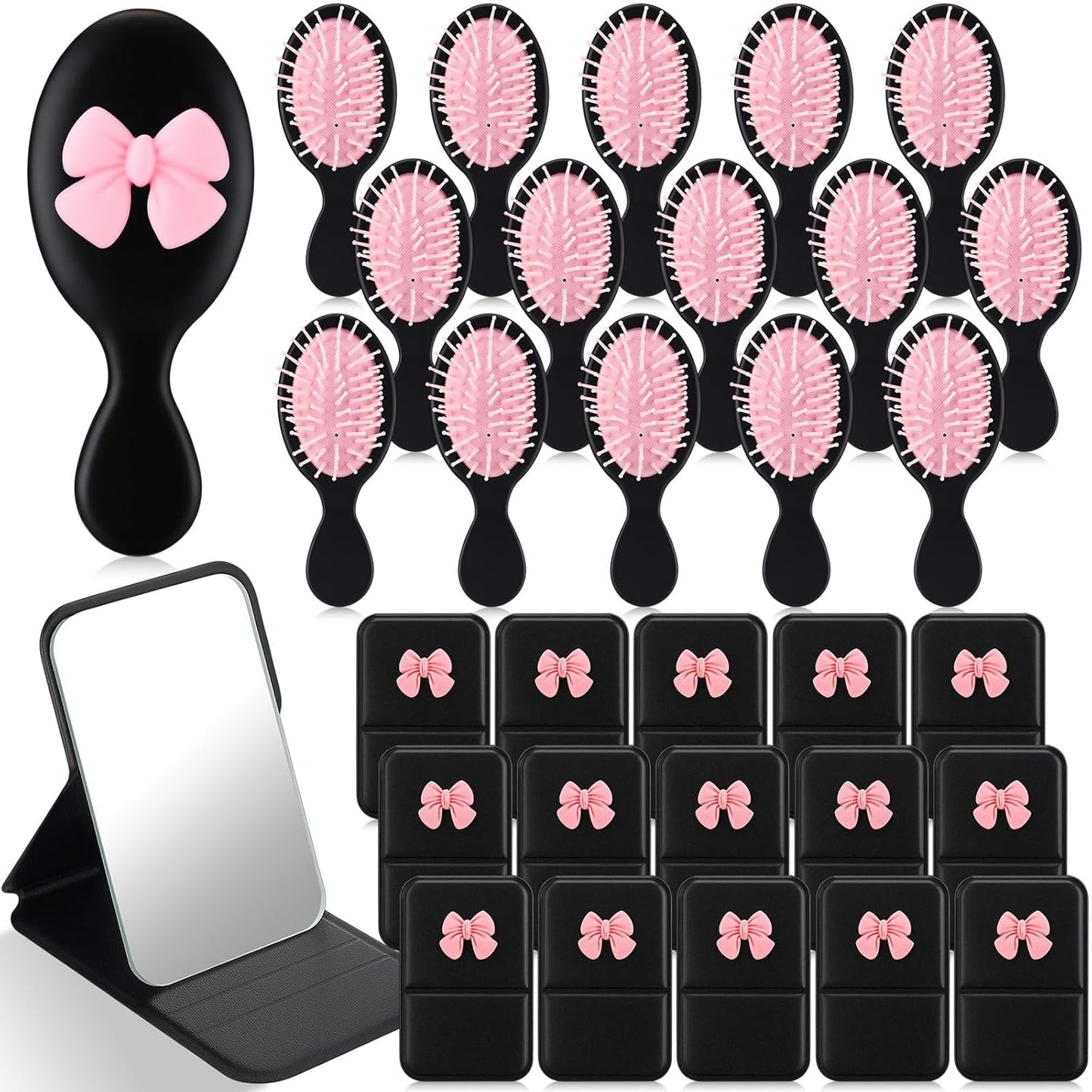 Coquette Bow Compact Mirror & Mini Hair Brush Set - 30 Pcs | Pink Travel Detangling Brushes for Parties & Gifts