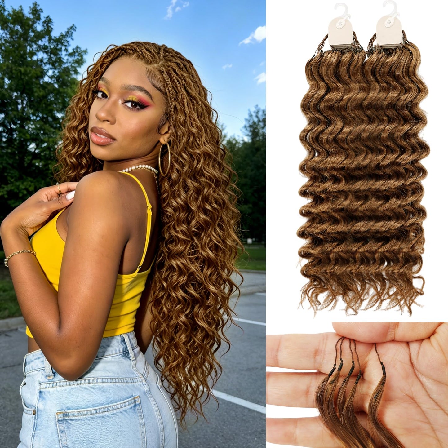 Human Crochet Hair for Black Women 16 Inch 60g Pre Separated 50 Strands Deep Wave Feather Crochet Human Hair Extensions 30# Light Auburn Invisible Miracle Knots Boho Crochet Bundles