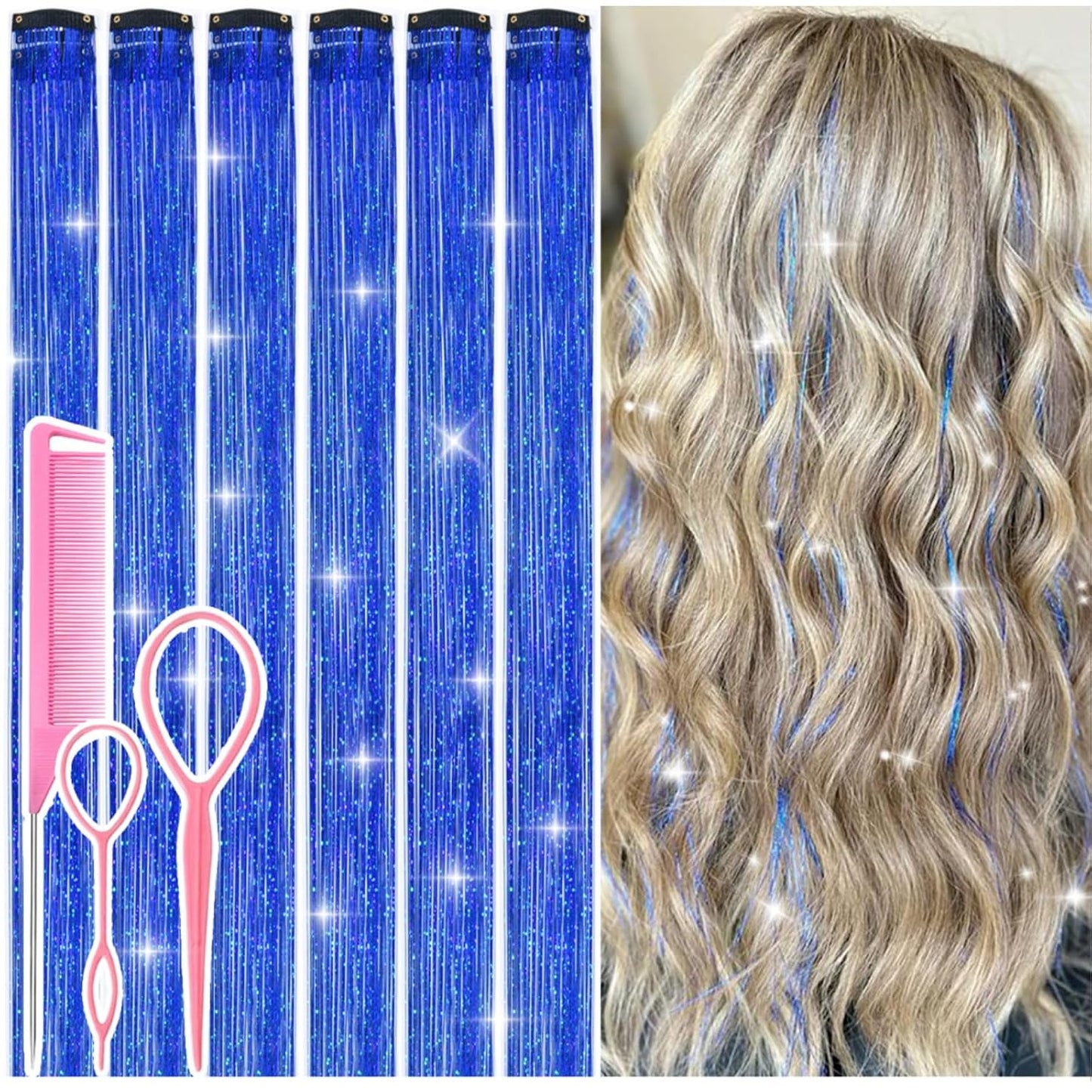 Hair Tinsel Kit - 12 Pcs Colorful Glitter Clip-In Extensions | 24 Inch for Girls, Women & Kids