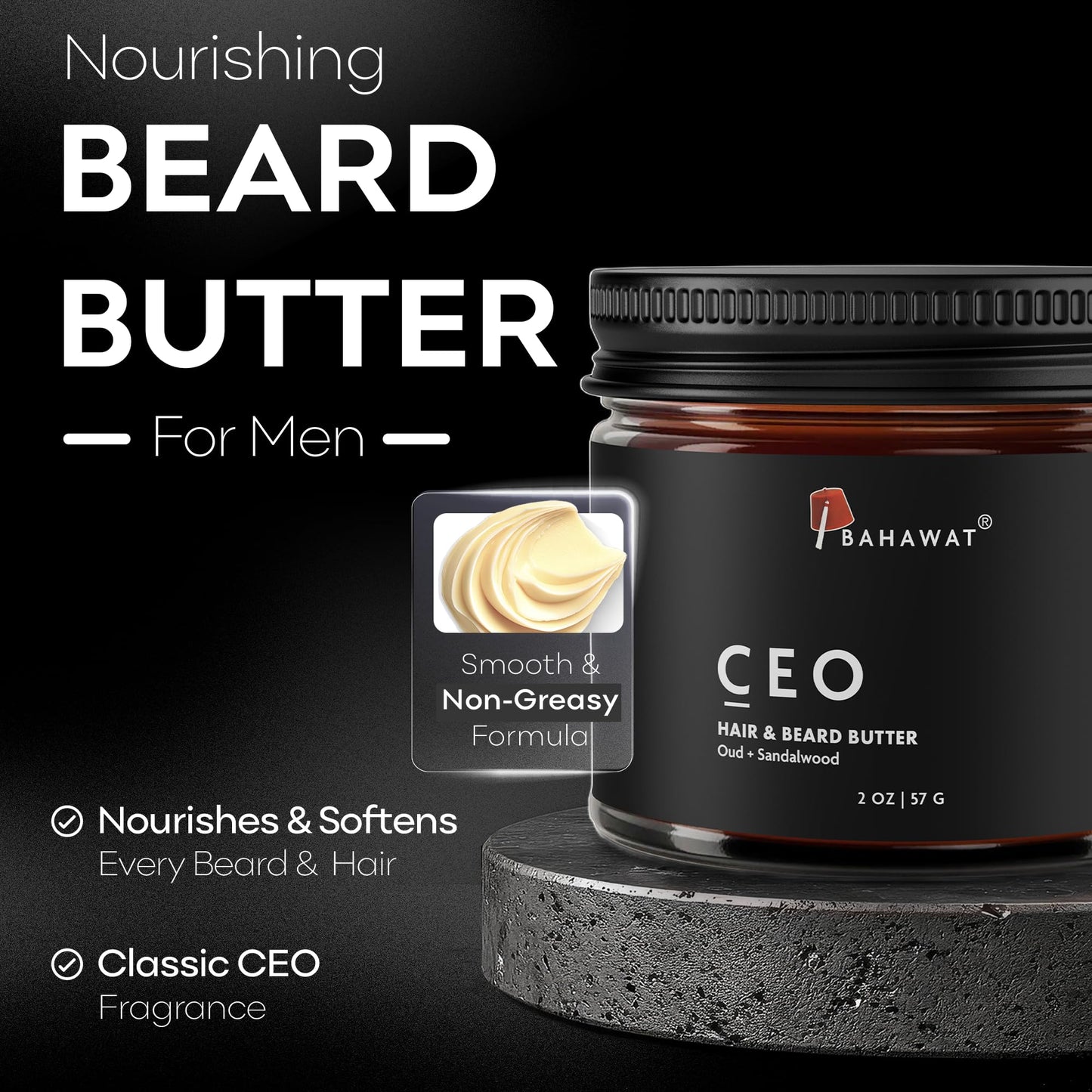 BAHAWAT Hair & Beard Butter for Men Leave-in Conditioner - Oud & Sandalwood scent - Strengthen & Soften– Made in USA -Organic Natural Ingredients | The Best Beard Butter - 2 oz.